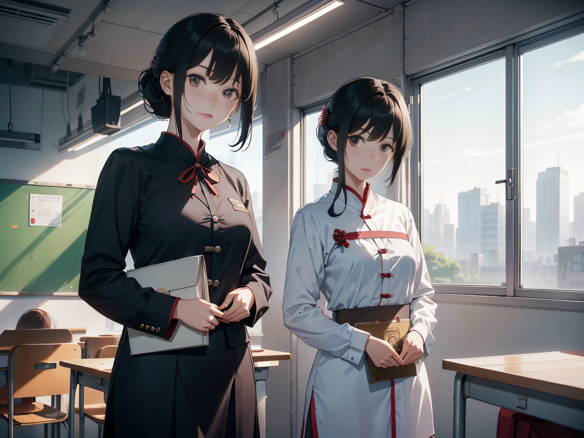 Inside the noon classroom, two female proctors are standing in the classroom, holding top-secret file bags, two female proctors are wearing formal clothes and short black hair, this female proctor looks at the camera, the lens is mainly characterized by the upper body, in the Loepfe art style ((Xinhai City), popular in CGStation, Shinhaicheng H 2160, inspired by Bian Shoumin, Xinhaicheng, Kavasi, Guwitz's style, high-quality pictures, 4K, 8K, resolution