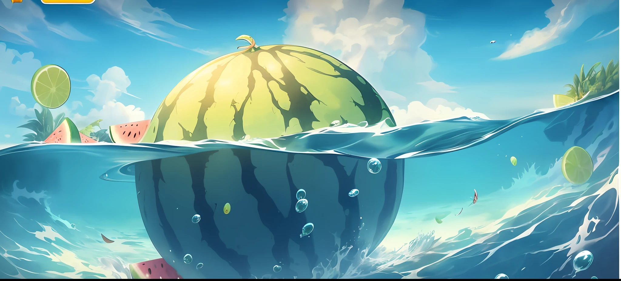 cartoon watermelon floating in the ocean with a bunch of people, watermeloncore, cyril rolando and goro fujita, cyril rolando and m.w kaluta, cyril rolando and m. w kaluta, makoto shinkai cyril rolando, slime rancher, material is!!! watermelon!!!, inspired by Cyril Rolando, splash art