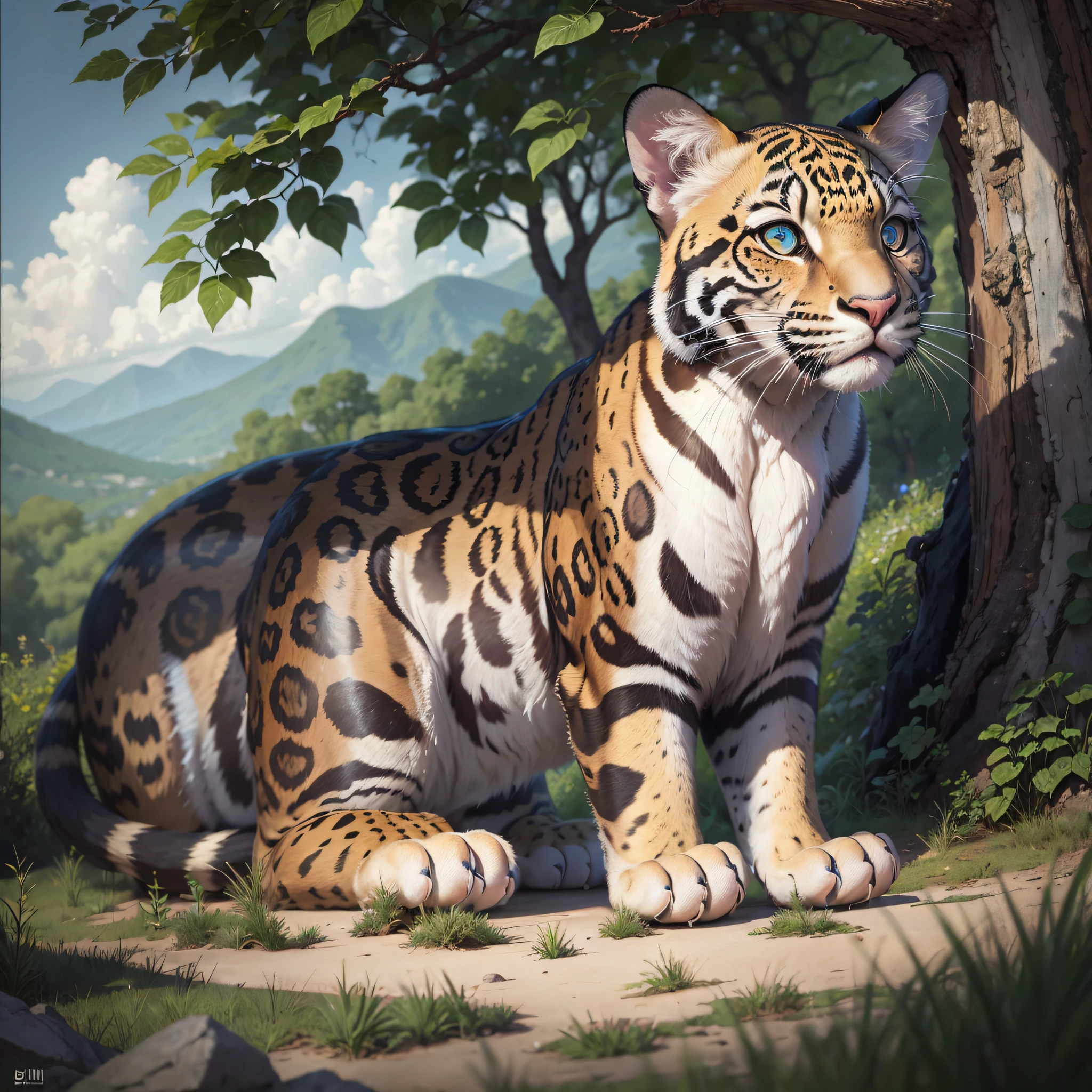 Clouded Leopard in a landscape with Contrast of Hue, Detailed, Thorough, Precious, in the style of Adam Elsheimer, David Shrigley and Bettina Rheims, 4k resolution --auto --s2