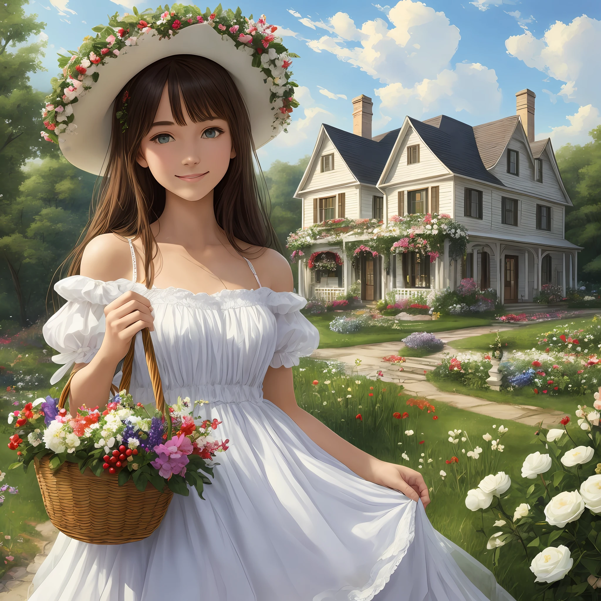 masterpiece, best quality, ultra-detailed, elegant and soft atmosphere beauty, cottagecore, , well-bred atmosphere, beautiful and kind face, clear eyes, elegant cotton chemise dress, brown fluffy hair, hat with florets, white nordinavian house flower garden in the background, smile, volumetric light, Draw the whole body, holding a basket containing berries and flowers.