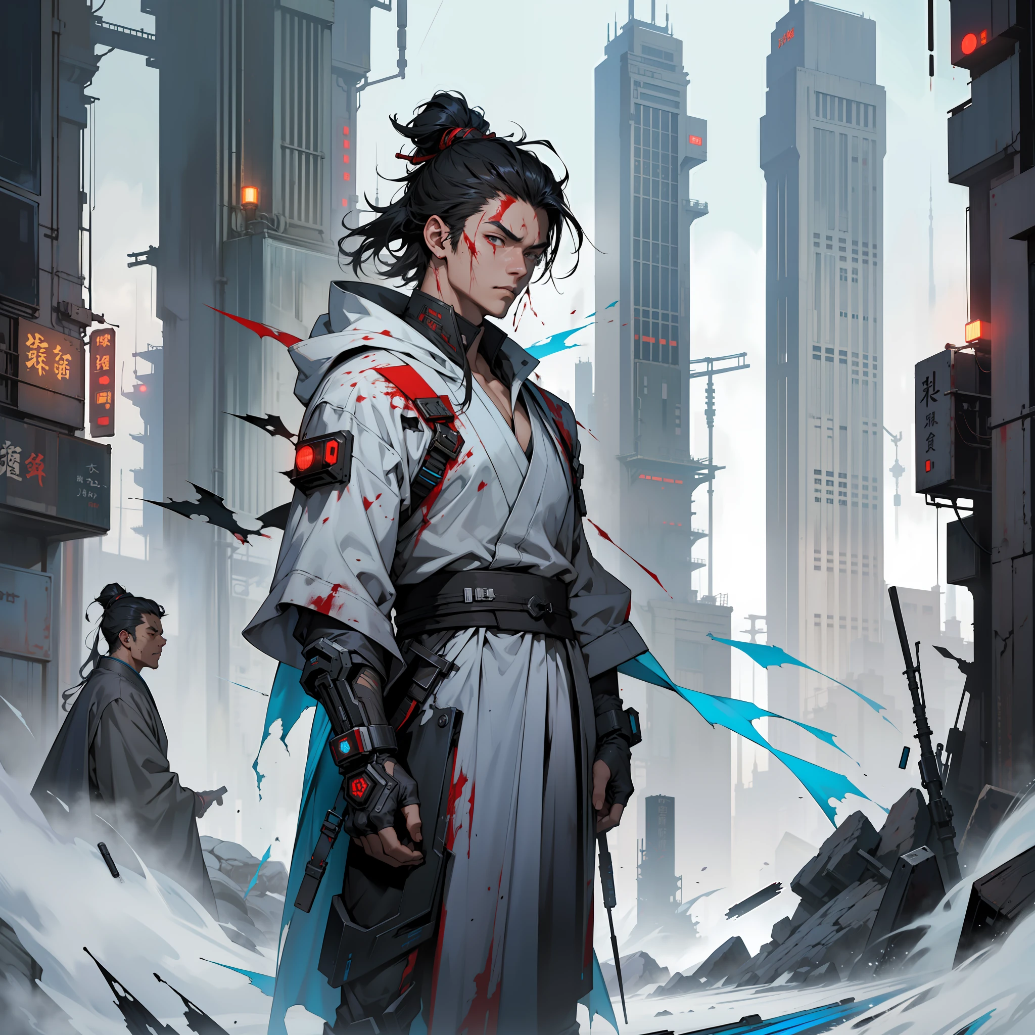 An ancient Chinese boy, hooded head, full body, amazing facial features, blood stains, sharp eyes, cyberpunk, holographic aura, surreal sci-fi art, futuristic sci-fi aesthetics, broken Hanfu, mecha, complex design, game model, movie edge light, delicate light, masterpiece, ultra-detailed, epic composition, super HD, high quality, highest quality, 32k --niji 5