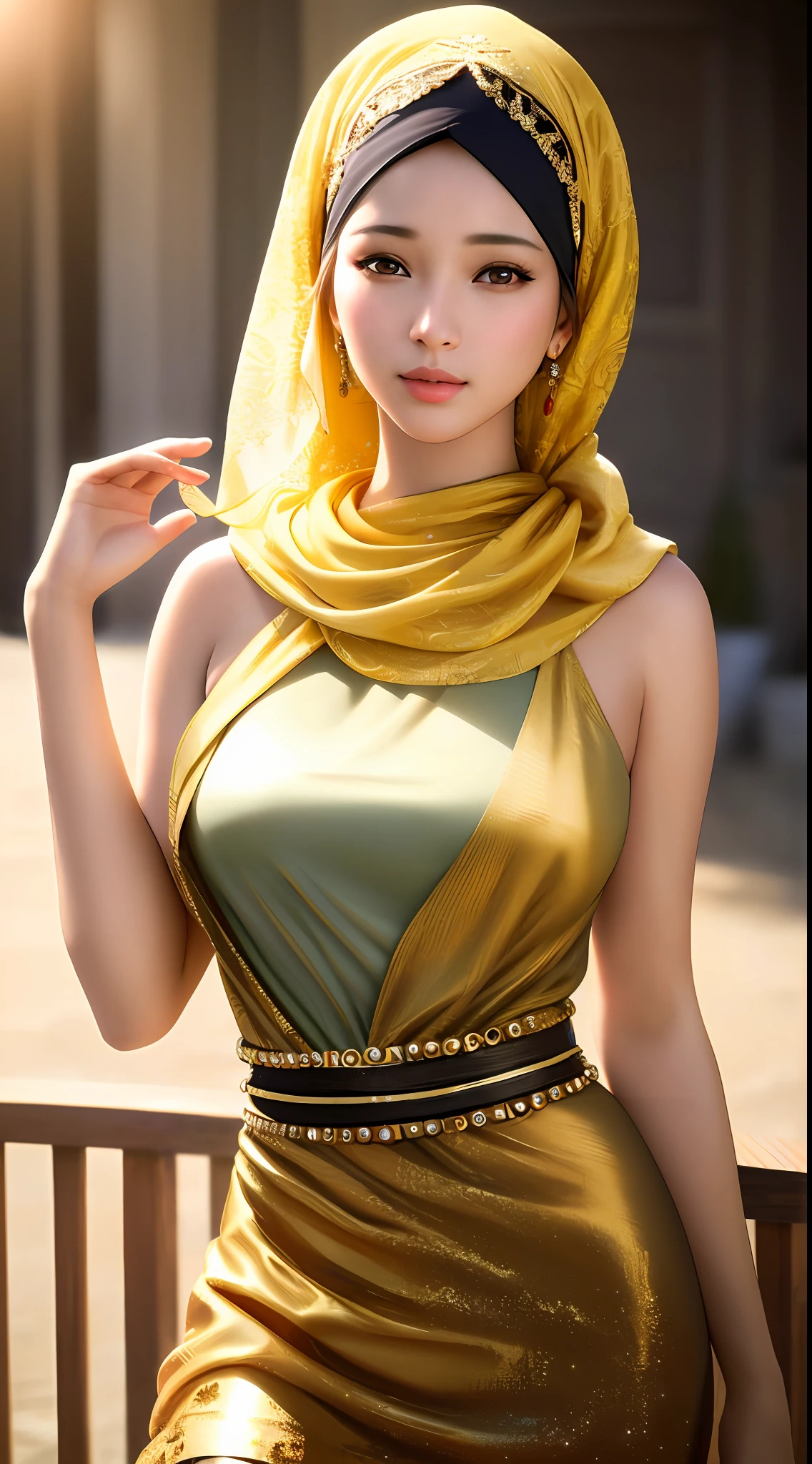 best quality, masterpiece, 1girl, Beautiful face, (photo realistic:1.4), soft lighting, (high detailed skin:1.2), 8k uhd, dslr, high quality, high resolution, 4k, 8k, absurdres, best ratio four finger and one thumb, (realistic:1.4), pretty indonesian woman, big breasts, hijab, little lips,