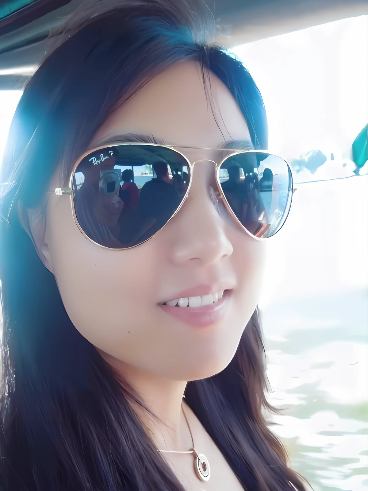 Arapei woman wearing sunglasses and necklace on boat, with sunglasses, with sunglasses, Cindy Avellino, 2 , 2 8 years old old, wearing Rs, Nivan Chantara, Mai Ying Chen, Catherine Lin, 2 4 years old, Gemma Chen, 3 0 year, anime character