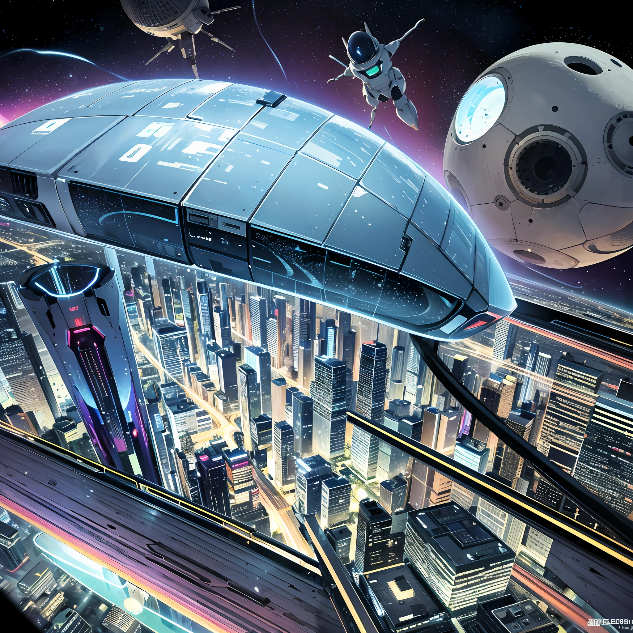 The future of the city is built on the moon, you can see the earth, there are manned spacecraft flying in the universe, a piece of technology on the moon future city looks like, people on the moon wear spacesuits, cars become spaceship hoverships, mechanical cities, everywhere technology and robots, interstellar crossing can be seen everywhere, future cloud support, picture cyberpunk style, 8K --auto --s2