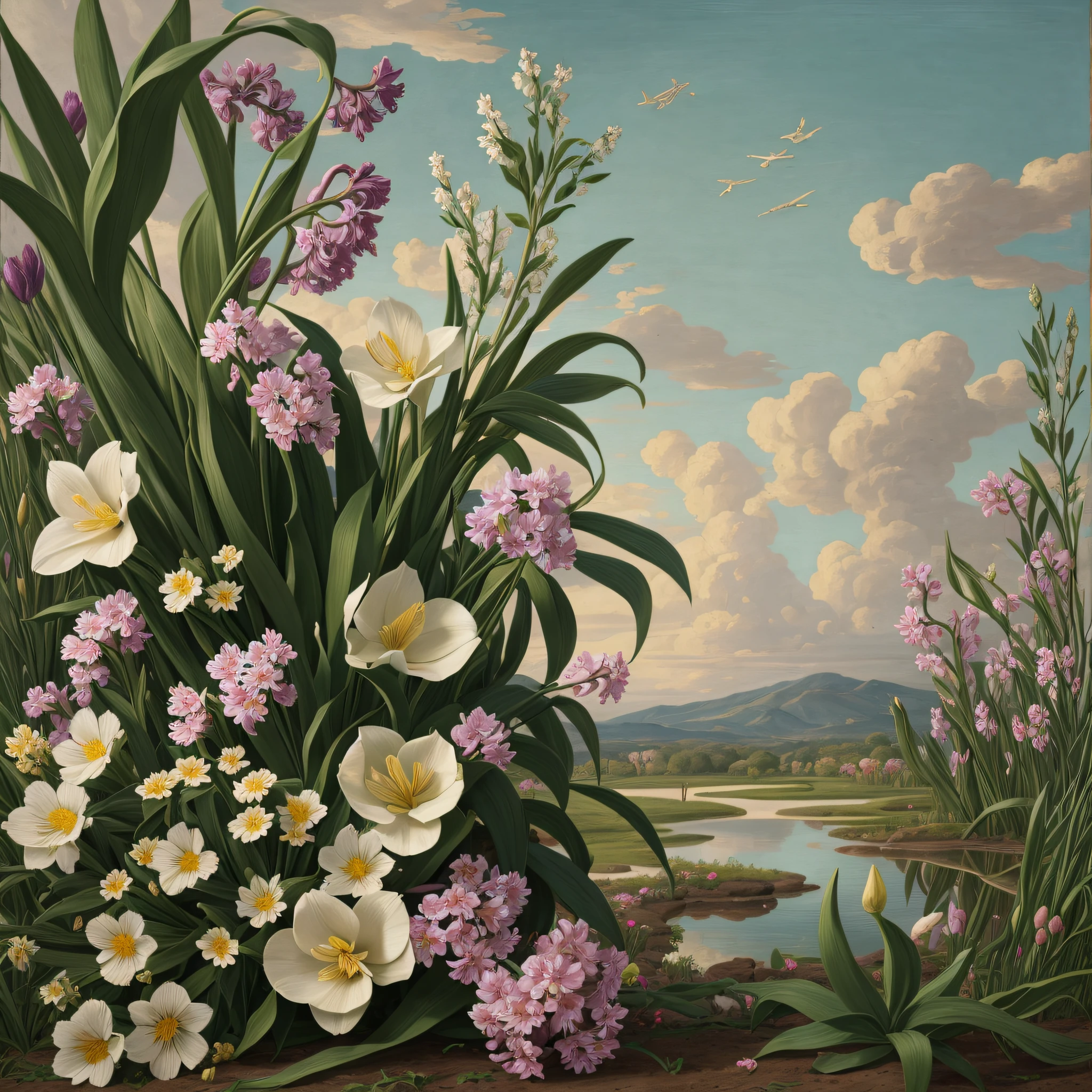 Viper in a flowery landscape, sumptuous, magnificent, luxurious, in the style of Hyacinthe Rigaud, Gertrude Abercrombie and Raffaello Sanizo, 8k resolution --auto --s2