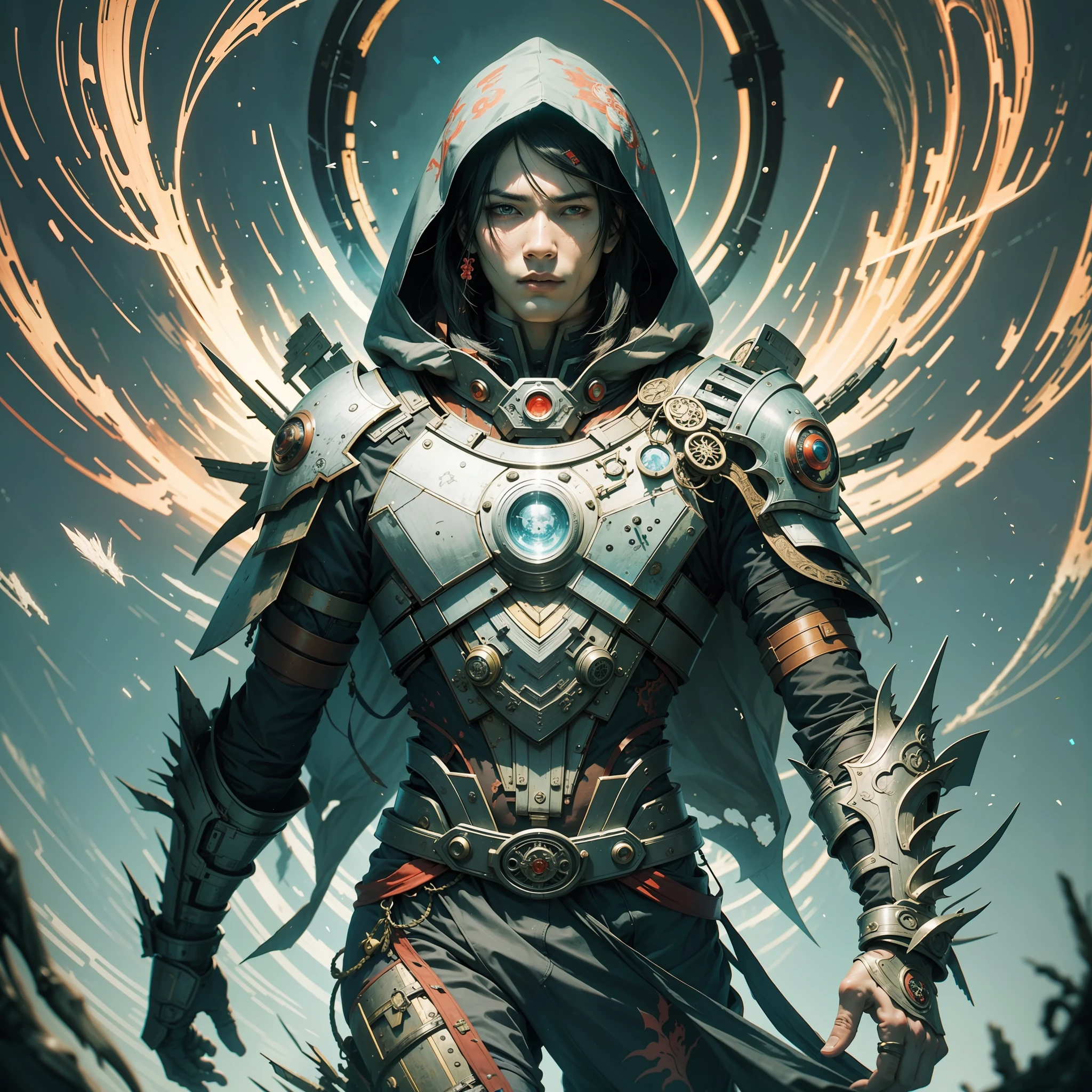 A handsome boy in ancient China, wearing a hood, full body, amazing facial features, blood stains, sharp eyes, cyberpunk, holographic aura, surreal science fiction art, futuristic science fiction aesthetics, Hanfu (tattered, torn), mecha, complex design, game model, movie edge light, delicate light, masterpiece, super detailed, epic composition, super HD, high quality, highest quality, 32k --niji 5