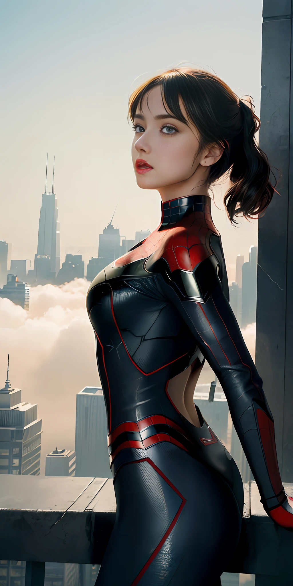 (1girl:1.3), Solo, (((Very detailed face)))), ((Very detailed eyes and face)))), Beautiful detail eyes, Body parts__, Official art, Unified 8k wallpaper, Super detailed, beautiful and beautiful, beautiful, masterpiece, best quality, original, masterpiece, super fine photo, best quality, super high resolution, realistic realism, sunlight, full body portrait, amazing beauty, dynamic pose, delicate face, vibrant eyes, (from the front), She wears Spider-Man suit, red and black color scheme, spider, very detailed city roof background, rooftop, overlooking the city, detailed face, detailed complex busy background, messy, gorgeous, milky white, highly detailed skin, realistic skin details, visible pores, clear focus, volumetric fog, 8k uhd, DSLR, high quality, film grain, fair skin, photo realism, lomography, futuristic dystopian megalopolis, translucent