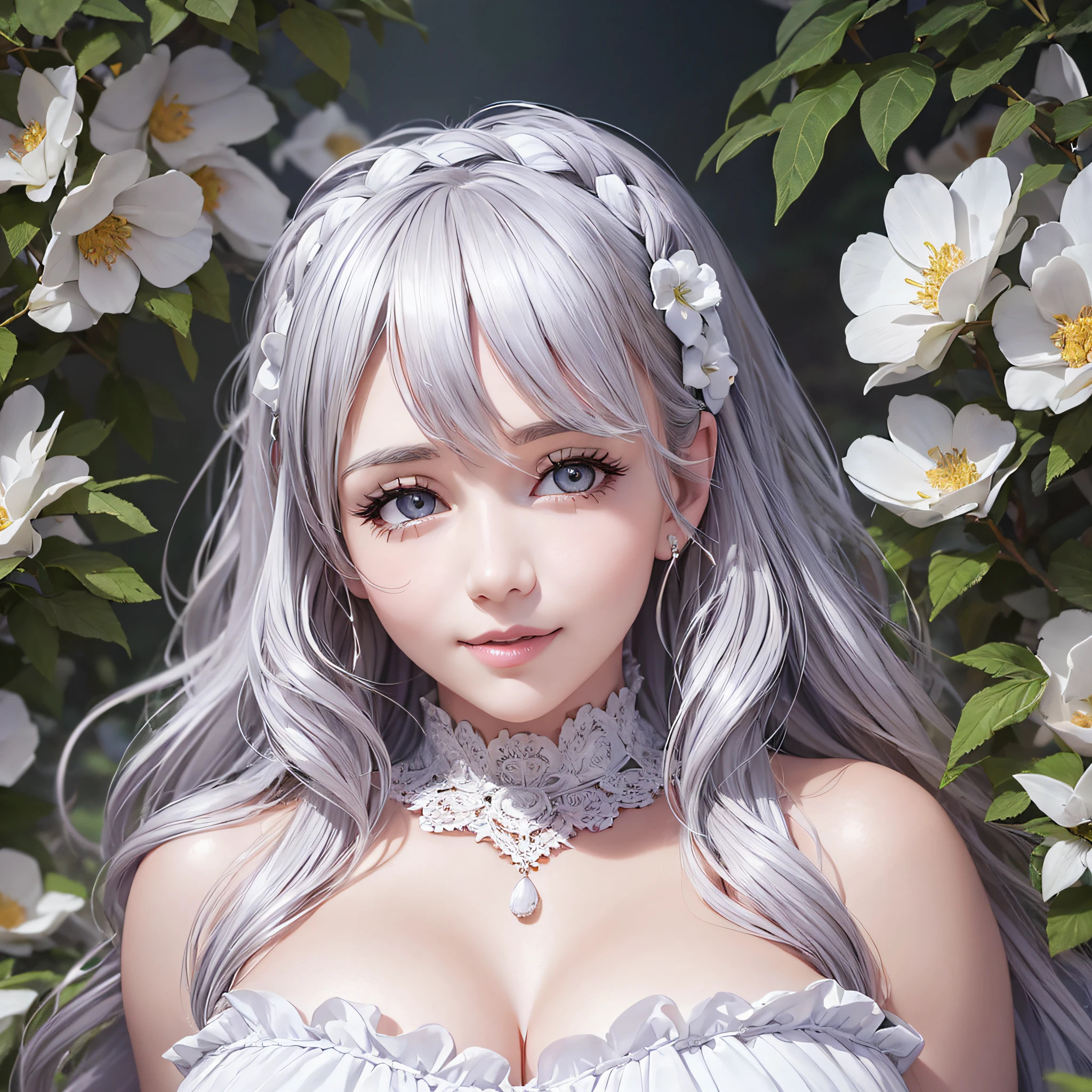 Cute girl with big breasts Lovely woman with high fair silver hair long wave and smile with a large double nose with tear bags Realistic portrait like a photo White dress with many frills, chest is only fluffy Surrounded by flowers --auto --s2