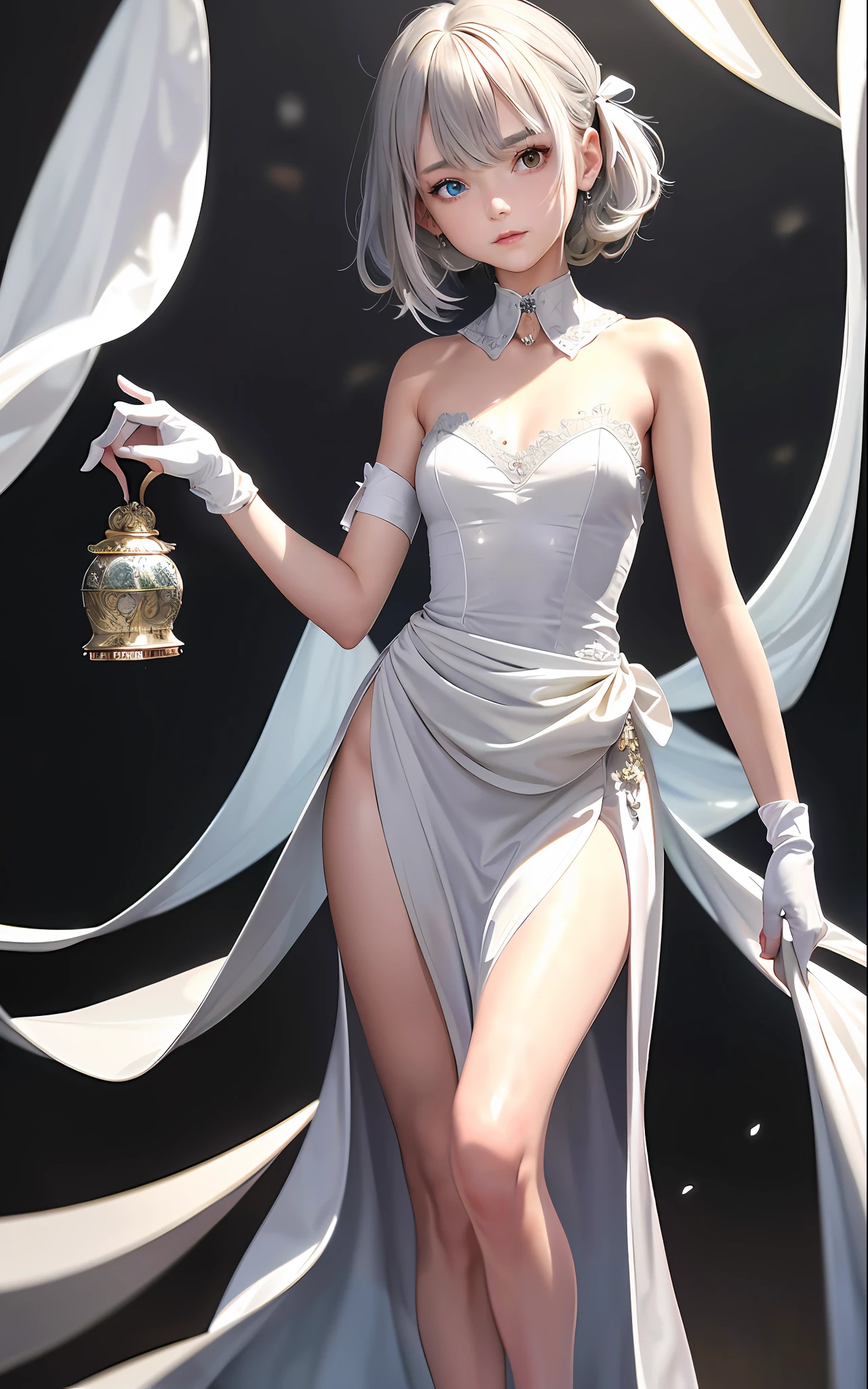 Superb Quality, Masterpiece, High Resolution, Best Quality, UHD, Super Detail, Award-Awarded, 16k, (Upper Body), A Beautiful Maiden, Gray Hair, Hair, ((Heterochromia)), Hanging Corners, Fair Skin, (Small Breasts), (Slim Body), ((Evening dress)), (Ribbon Collar), (Short gloves as short as half a palm)