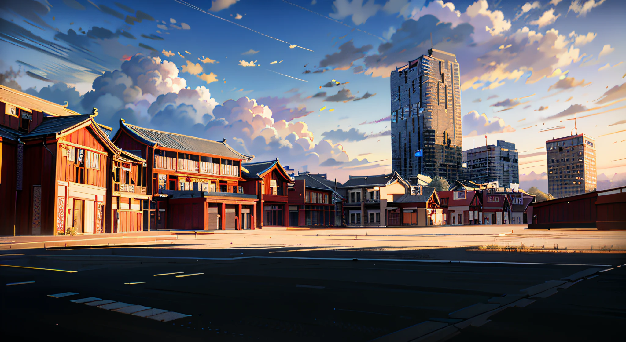 (Best quality, 8k, masterpiece: 1.3) Republic of China architectural style, office park photo realism, hyper-realism, sunset lighting, shadows, high dynamic range