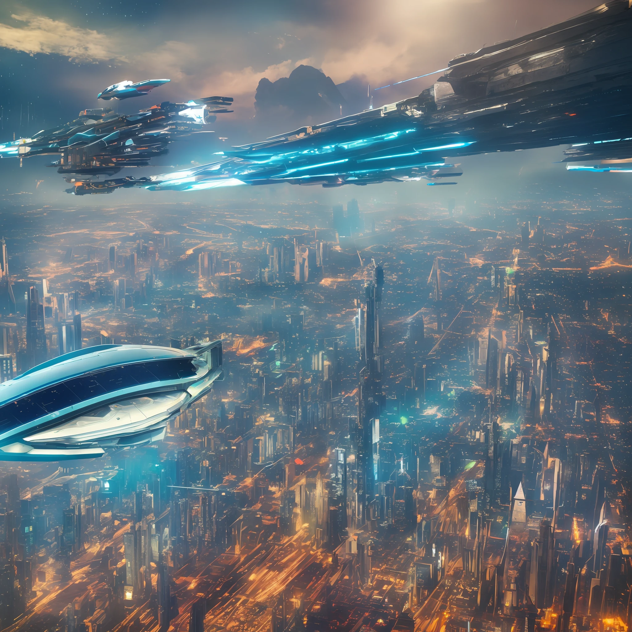 Fantasy technologyFuture technology fantasy city, spaceship flying in the sky, everywhere robots, mechanical city, interstellar battleship, interstellar, the picture is cyberpunk, futuristic high-angle aerial photography --auto --s2