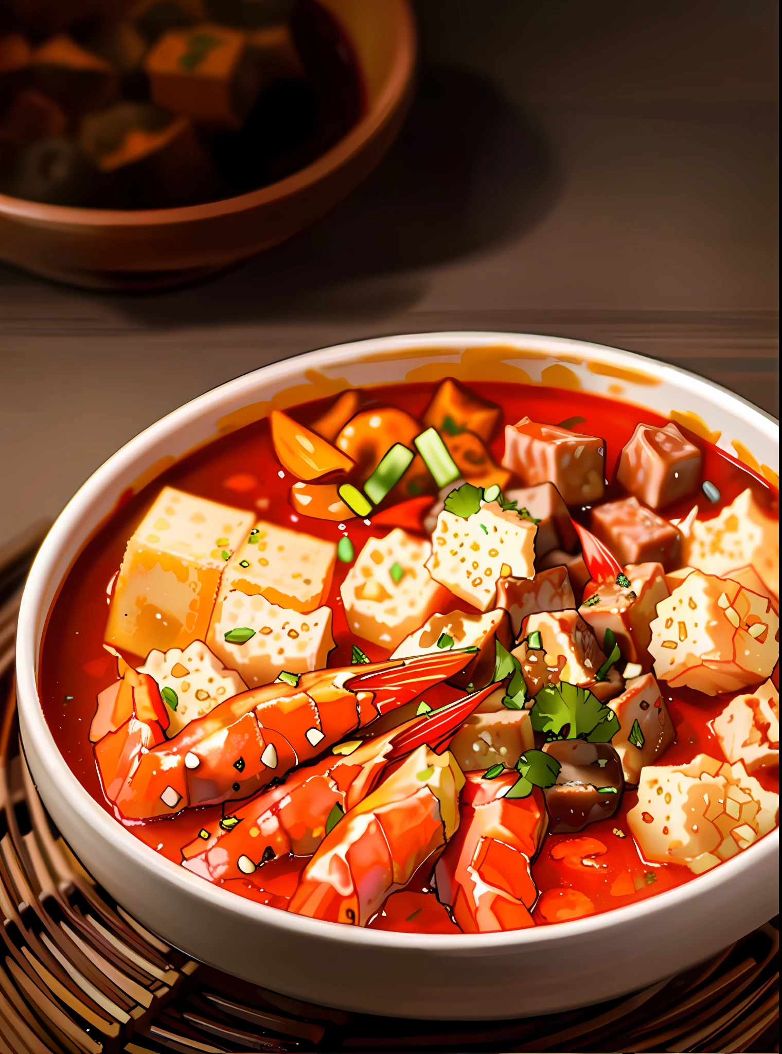A bowl of spicy Hot Pot, with shrimp, tofu cubes, coriander, fish balls, tofu puffs, beef cubes