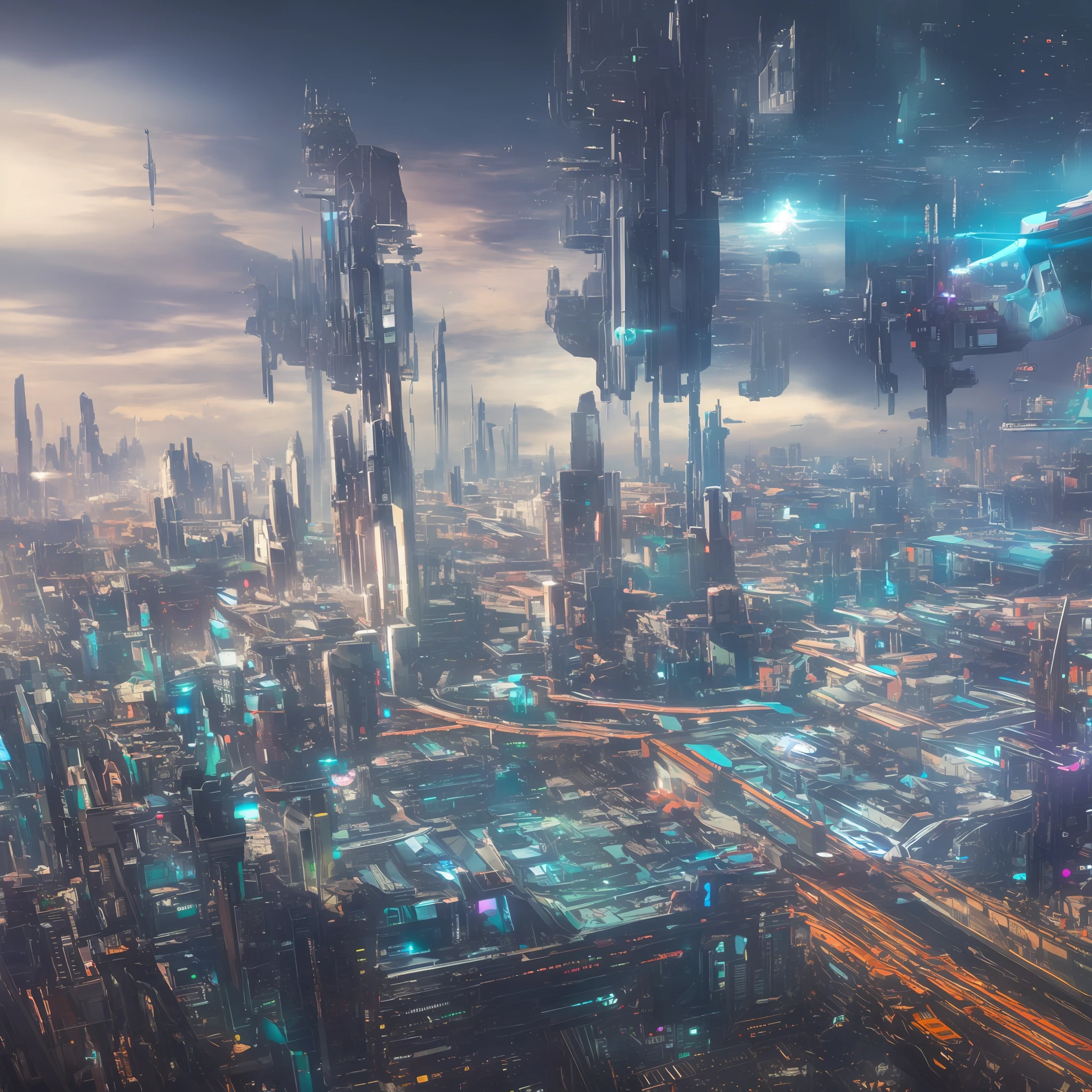 Fantasy technologyFuture technology fantasy city, spaceship flying in the sky, everywhere robots, mechanical city, interstellar battleship, interstellar, the picture is cyberpunk, futuristic high-angle aerial photography --auto --s2