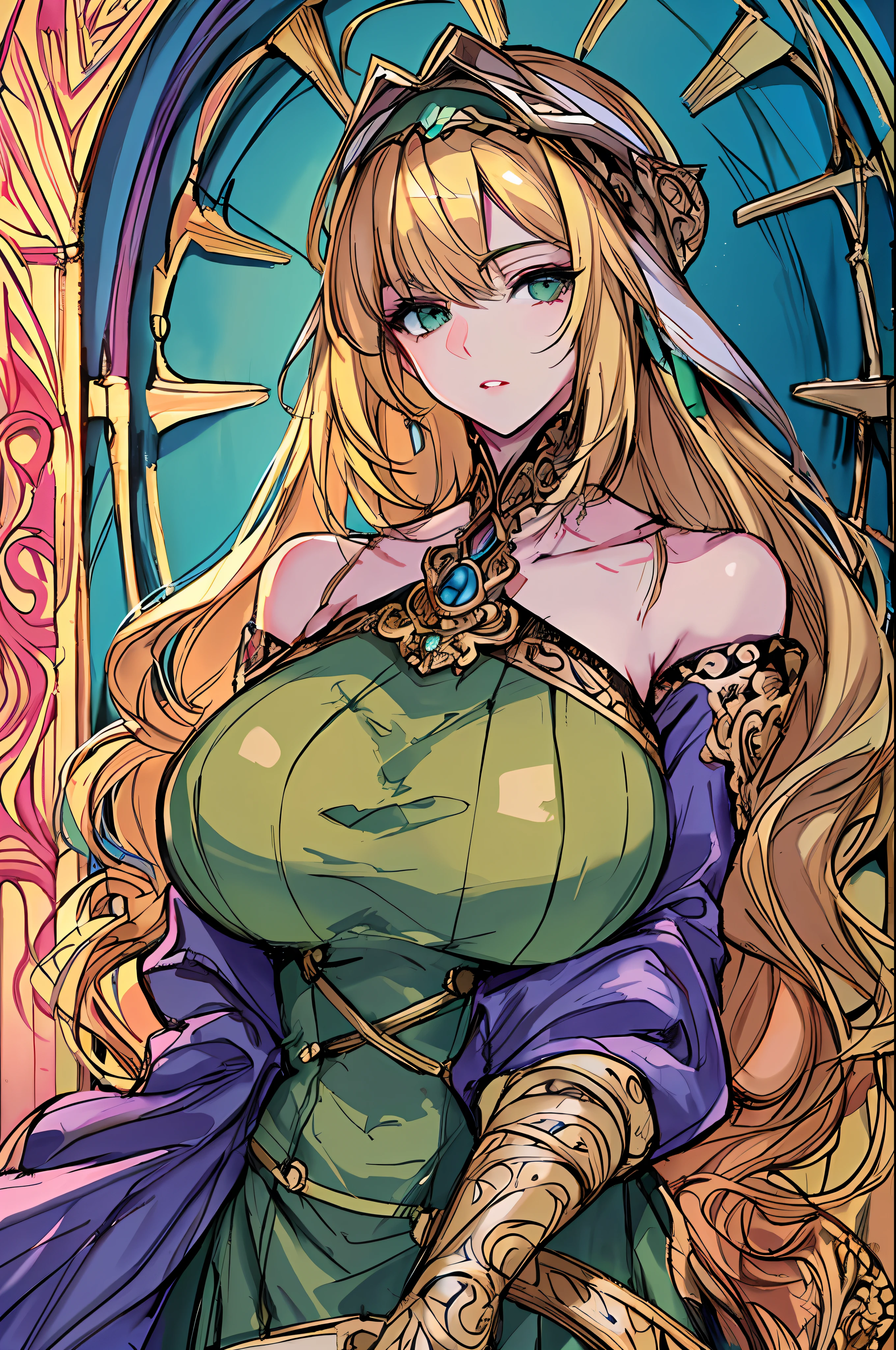 masterpiece, intricate detail,best quality,  1girl, solo, long hair, visor cap, bare shoulders, sketch, parted lips, green eyes, blonde hair, upper body, looking at viewer, dress, strapless, Grabbing,Zentangle,Game cover art, sunset colors, Focus upper body, (masterpiece, top quality, best quality, official art, beautiful and aesthetic:1.2), extreme detailed,colorful,highest detailed ((ultra-detailed)), (highly detailed CG illustration), ((an extremely delicate and beautiful)), Gigantic boobs, beautiful breasts, vibrant colors, curvy, milf