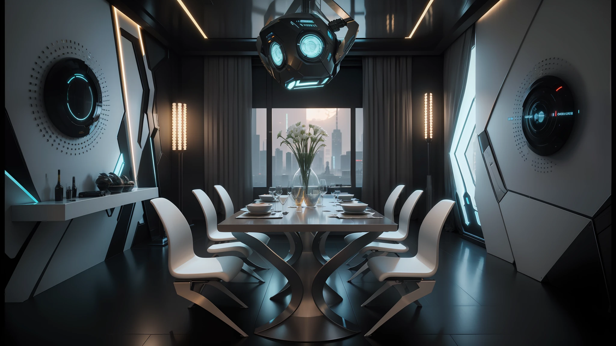 there is a dining room with a table and chairs and a vase of flowers, futuristic decor, futuristic interior, cyberpunk apartment, futuristic room background, retro futuristic apartment, futuristic decoration, in a cyberpunk themed room, futuristic room, the cyberpunk apartment, cyberpunk interior, futuristic persian palace, bladerunner apartment, sci - fi interior, cgsociety 9, futuristic. game cg --auto --s2