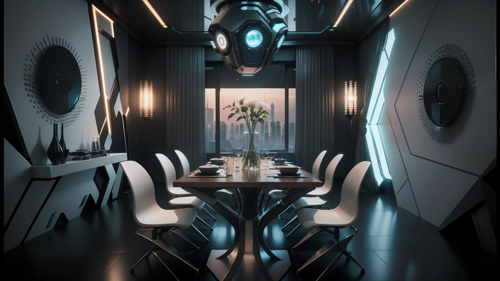 there is a dining room with a table and chairs and a vase of flowers, futuristic decor, futuristic interior, cyberpunk apartment, futuristic room background, retro futuristic apartment, futuristic decoration, in a cyberpunk themed room, futuristic room, the cyberpunk apartment, cyberpunk interior, futuristic persian palace, bladerunner apartment, sci - fi interior, cgsociety 9, futuristic. game cg --auto --s2