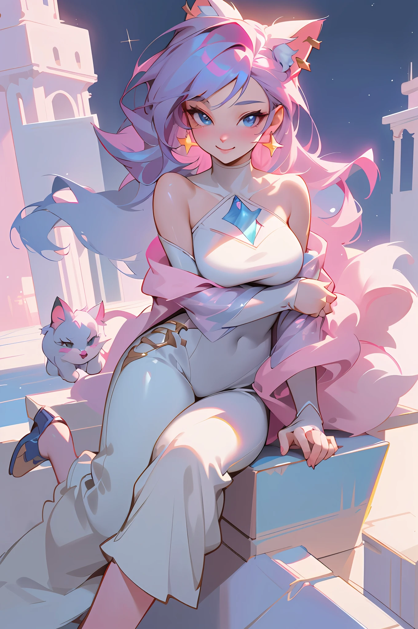 Jasmine, single woman, big tits , hug(( cat:pink , furry, cute. )) ((Skin Blue))(( yallow eyes)) ,solo, looking at the viewer, smile, shirt, bare shoulders, jewelry, sitting, full body, flower, earrings, pants, off shoulder, short top, make-up, sitting on the edge of the palace balcony, white tiles, night, stars , Off Shoulder Shirt (Realism: 1.2), (Realism), (Masterpiece: 1.2), (Best Quality), (Highly Detailed), (8k, 4k, Intricate), (Full Body Shot: 1), (85 mm), light particles, lighting, (highly detailed: 1.2), (face detailed: 1.2), (gradients), sfw, color, (eyes detailed: 1.2) (background detailed), landscape detailed, (dynamic angle: 1.2 ), (dynamic mode: 1.2), (third configuration rule: 1.3), (work path: 1.2) --style of Glen Keane
