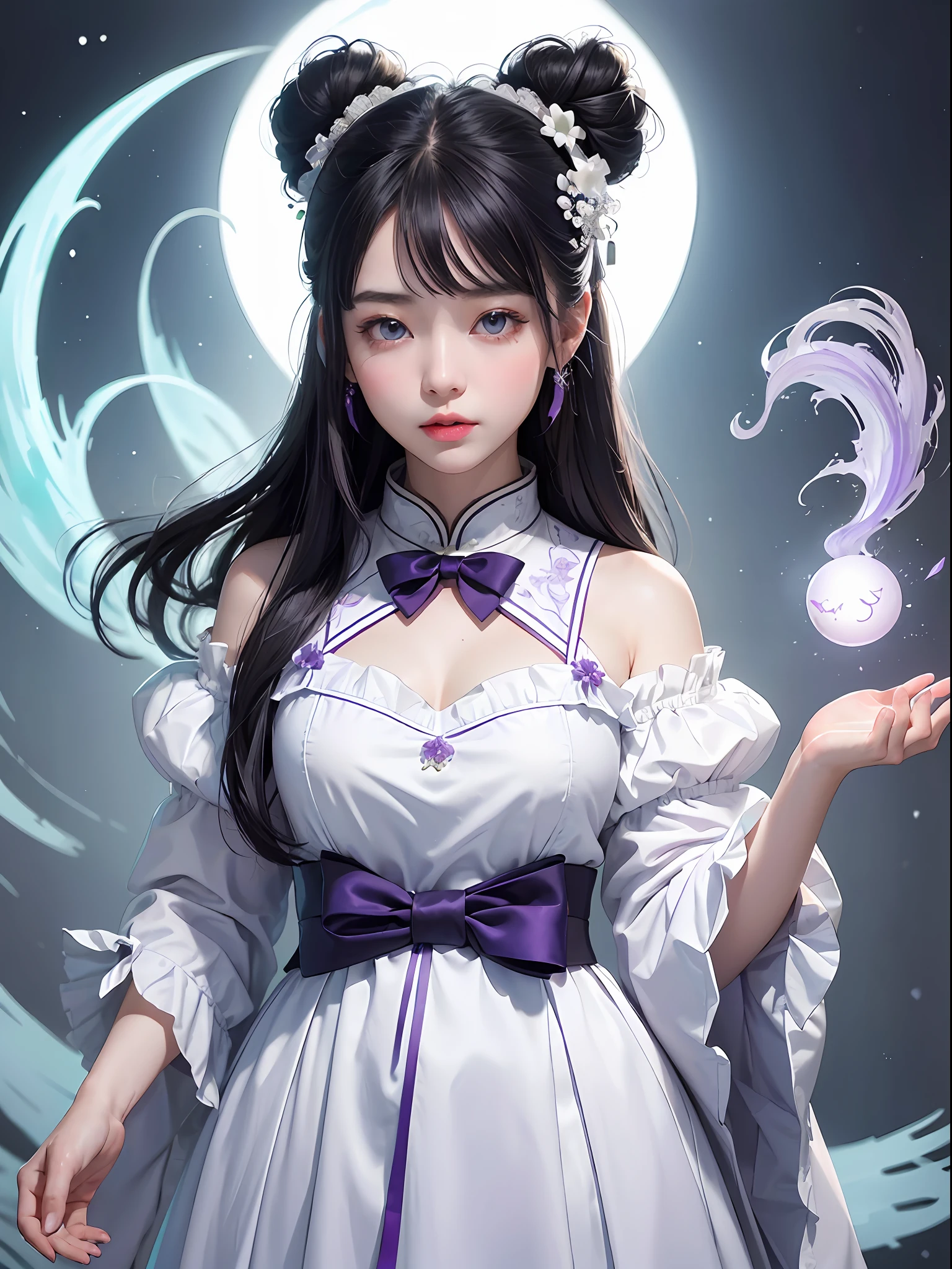 (((Masterpiece))), ((Best Quality))), ((Super Detailed)), (Illustration), (1 Girl), ((Chinese girl, white skin, white complexion, shy black hair, )) (solo), ((extremely delicate and beautiful)), ((beautiful detailed background of magical ancient palace)), beautiful details eyes, hair between eyes, ribbon, bow tie, heart-shaped buttons, magical theme, mysterious atmosphere, vibrant intense colors , ((color palette: bright white and poisonous purple, with a hint of soft grayish blue,)) ((breeze)), wind, bun, multi-colored eyes, hair accessories, whimsical, gacha splash, official art, glowing particles, glowing balls, ghostly, haunted, intriguing,