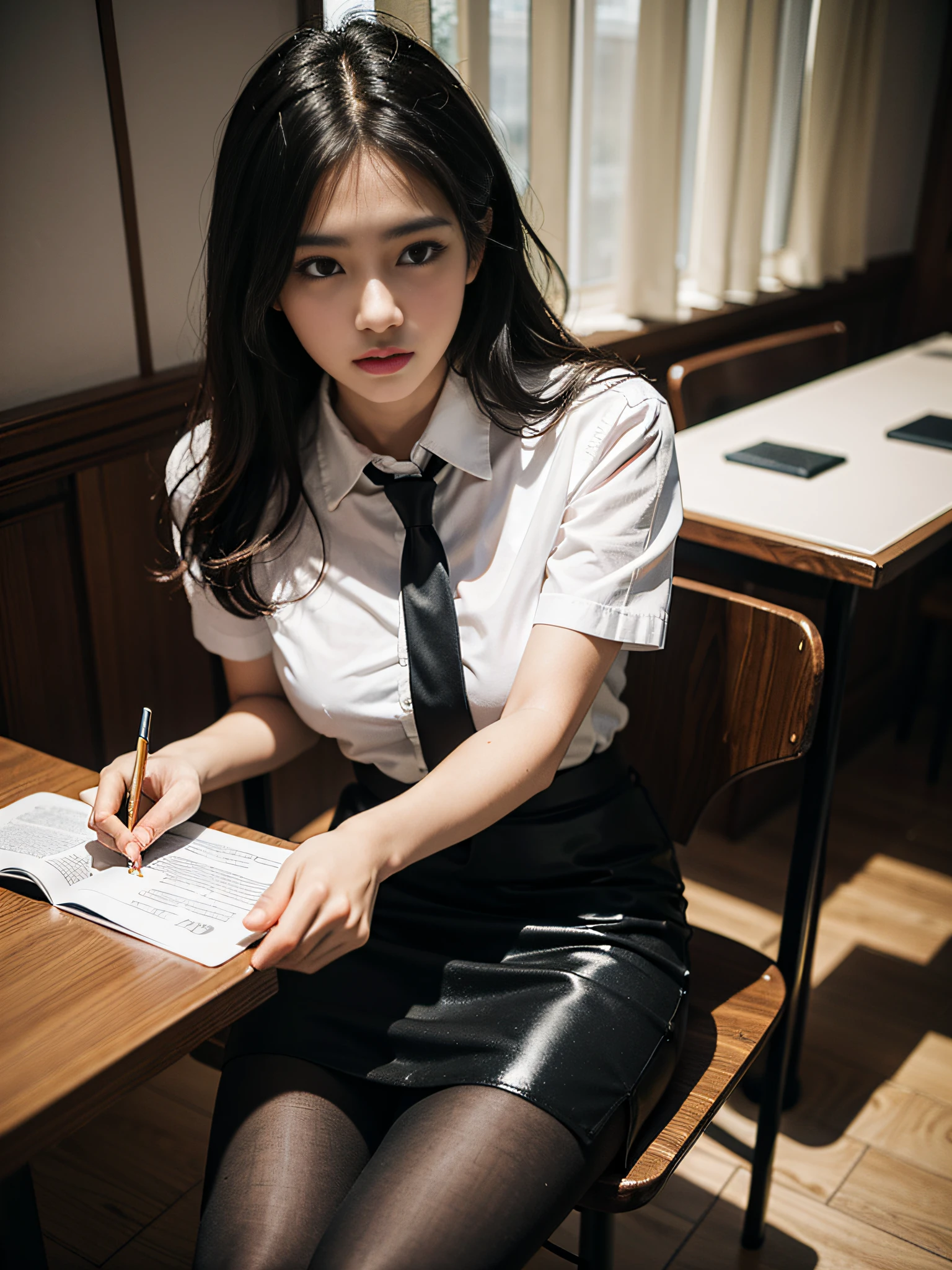1girl,young girl, shiny skin,medium breasts,nice leg line:1.3, thin waist,school uniform, thighhighs,necktie,((pencil skirt)),looking at viewer,from below,full body, ( pantyhose:1.3),(The golden ratio figure),
masterpiece, best quality, best perspective, ultra-detailed and intricate, extremely delicate and beautiful, best quality light, (ray tracing:1.1), anti-aliasing,
realistic,photorealistic,award-winning illustration,(intricate details:1.2),(delicate detailed) (intricate details),(cinematic light,best quality Backlights),clear line,sharp focus,official art,unity 8k wallpaper,absurdres,incredibly absurdres,huge filesize,ultra-detailed,highres,extremely detailed extremely delicate and beautiful,RAW photo, professional lighting,dynamic lighting,light on the face,depthoffield,solofocus,