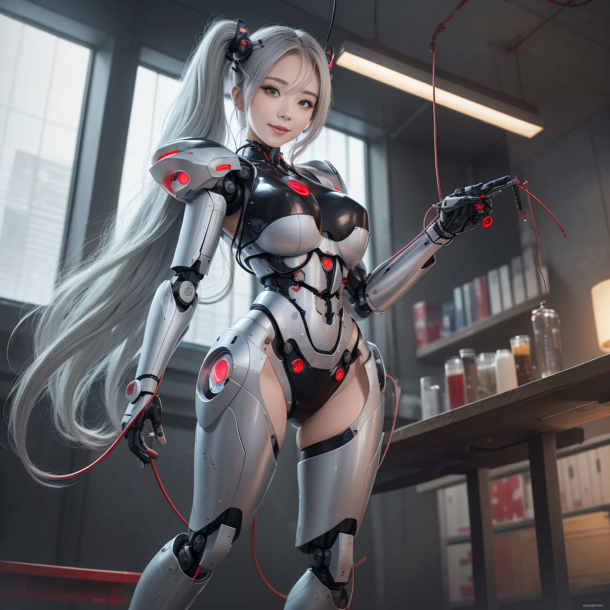 Beautiful Face,Face is Japan, 1 Woman, Big, Curvaceous, (8k, RAW Photo, Best Quality, Masterpiece: 1.2), (HDR, Realistic, Photorealistic: 1.37) (Blood vessel attached to tube), (Bikini Cyborg Robot Parts)))), (Light Grey Hair), Long Hair, Wavy Hair, Twin Tails, Medium Shot, ( Seductive smile)), (black eyes), princess cut,from below,(whole body),posing,,inside the lab,( blood vessel connected to a tube),((mechanical vertebrae attached to the back)),((mechanical neck attached to the neck)),(wire cable attached to the head and body),(character focus),science fiction,perfect female figure,perfect anatomy,ultraanatomy, Full body shot,