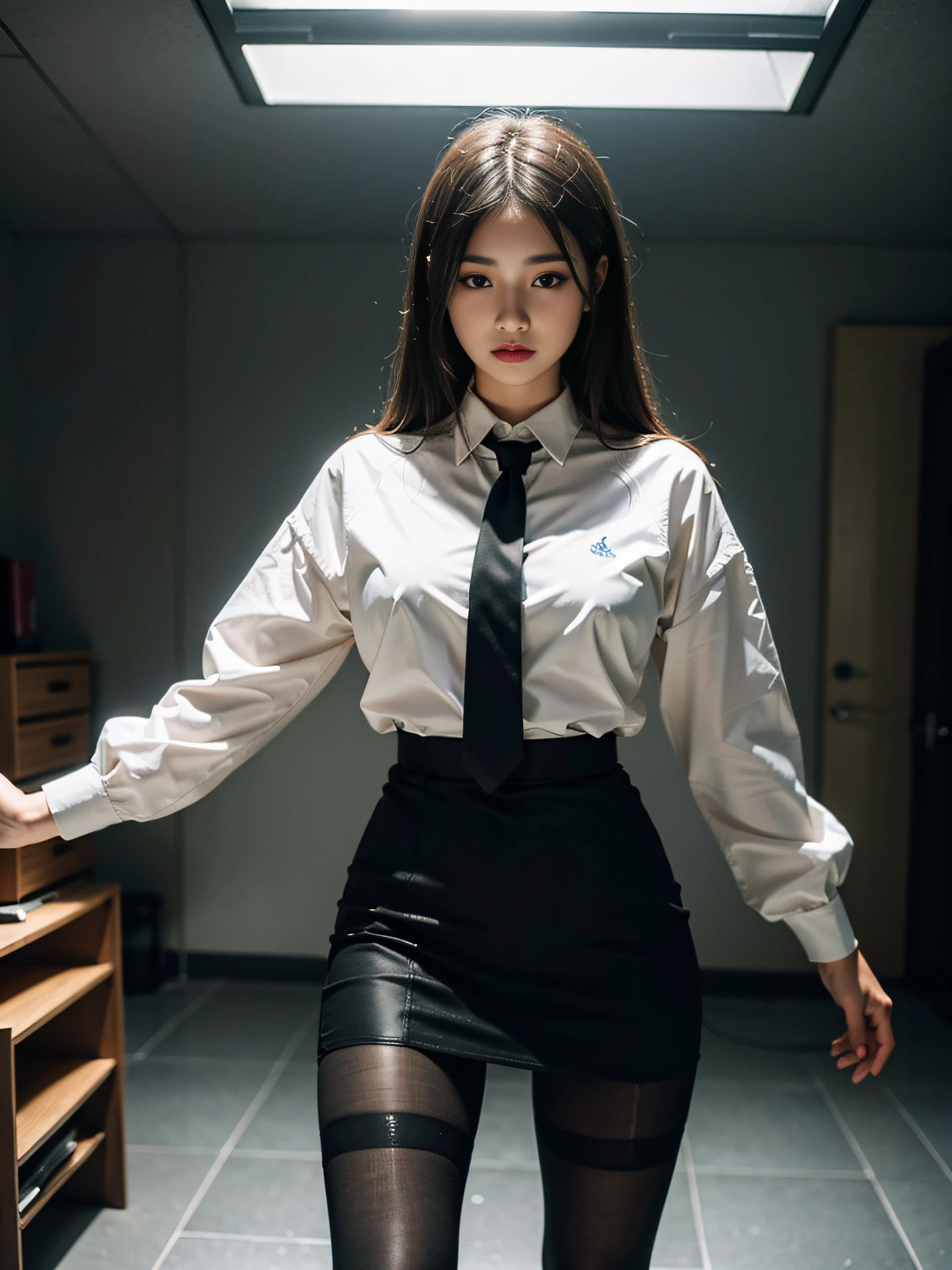 1girl,young girl, shiny skin,medium breasts,nice leg line:1.3, thin waist,school uniform, thighhighs,necktie,((pencil skirt)),looking at viewer,from below,full body, ( pantyhose:1.3),(The golden ratio figure),
masterpiece, best quality, best perspective, ultra-detailed and intricate, extremely delicate and beautiful, best quality light, (ray tracing:1.1), anti-aliasing,
realistic,photorealistic,award-winning illustration,(intricate details:1.2),(delicate detailed) (intricate details),(cinematic light,best quality Backlights),clear line,sharp focus,official art,unity 8k wallpaper,absurdres,incredibly absurdres,huge filesize,ultra-detailed,highres,extremely detailed extremely delicate and beautiful,RAW photo, professional lighting,dynamic lighting,light on the face,depthoffield,solofocus,
