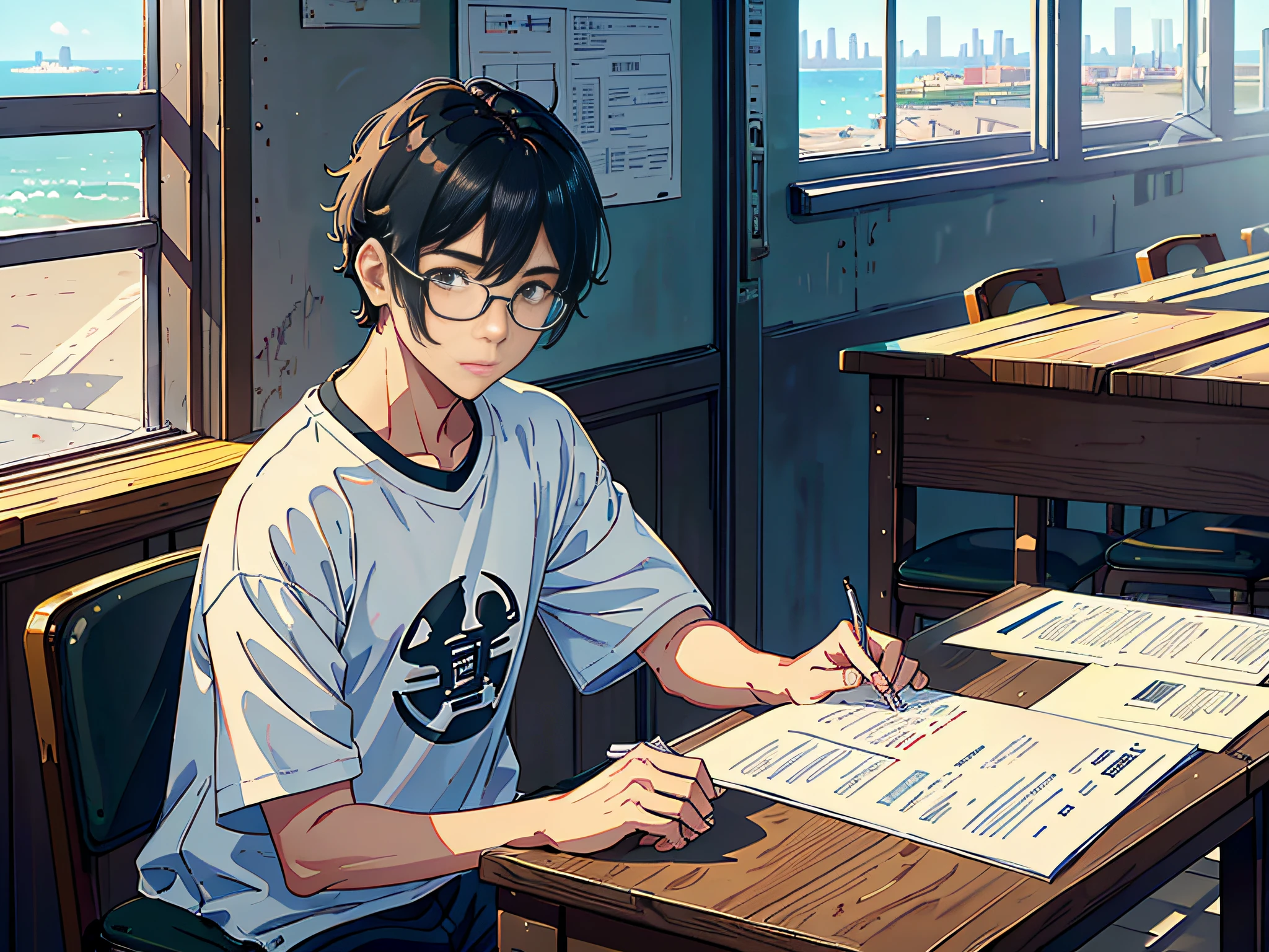 A male student sitting in the classroom for the exam, boy, male student, taking the exam in the campus classroom, holding the test paper in his hand, (hand picking up the test paper 1.8), glasses looking at the test paper, this male student is wearing a white T-shirt, short black hair, the lens is mainly featuring the upper body, in the Loepfe art style ((New Sea City), popular in CGStation, Shin Hai Cheng H 2160, inspired by Bian Shoumin, Xinhai Cheng, Kavasi, Guwitz style, high quality pictures, 4K, 8K, resolution