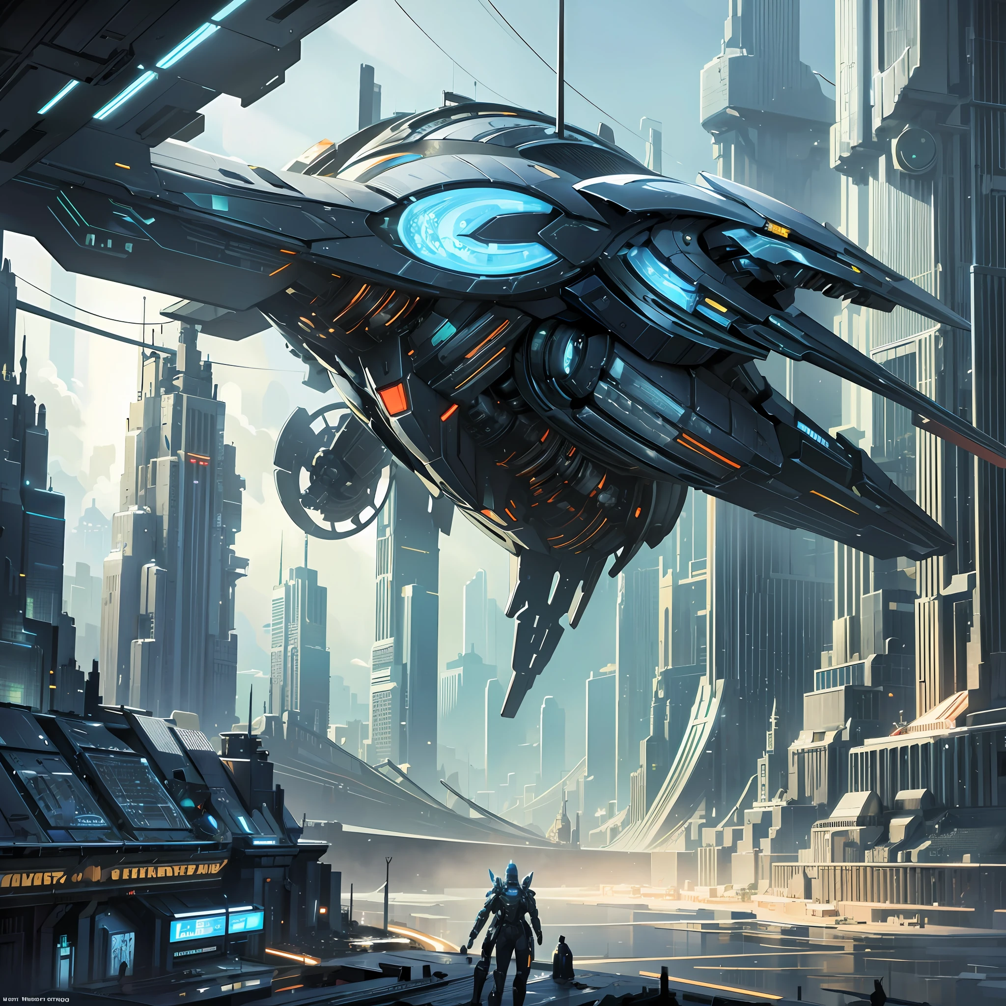 Fantasy Technology Future Technology Fantasy City, Spaceship Flying in the Sky, Everywhere Robot, Mechanical City, Cyberpunk, Starship, Interstellar, Alien, Mechanical Warframe --auto --s2