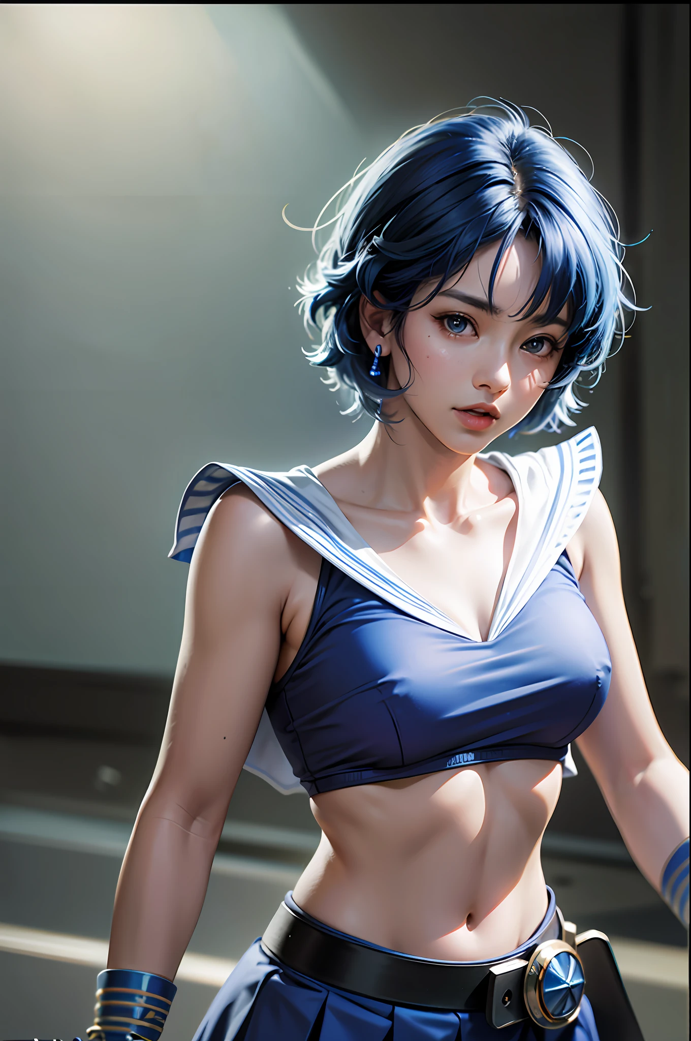 (8k, RAW Photo, Photorealistic:1.25) Realistic, Cinematic Light, Ami Mizuno, Sailor Mercury, Stands, Battlefield Background, Perfect Body, Blue Hair, Uniform