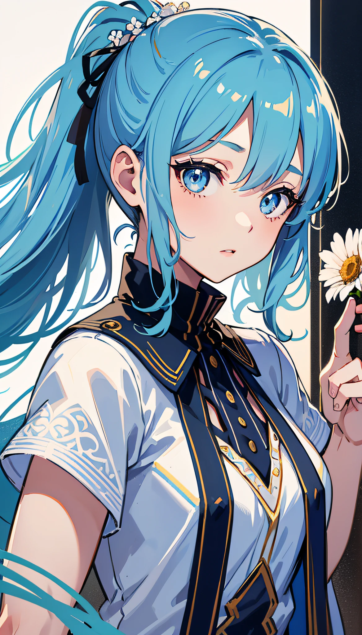 (masterpiece), (best quality), (ultra detailed),(disheveled hair),(illustration), (1girl), (Fashionable clothing), standing, Fashion model, looking at viewer, (interview), (simple background),beautiful detailed eyes, delicate beautiful face, Floating,(high saturation),(colorful splashes),colorful bubble,(shining), focus on face, ponytail, kamisato ayaka, light blue hair, bangs, hair ring, floating flowers, floating hairs, (shining), best lighting, best shadow,