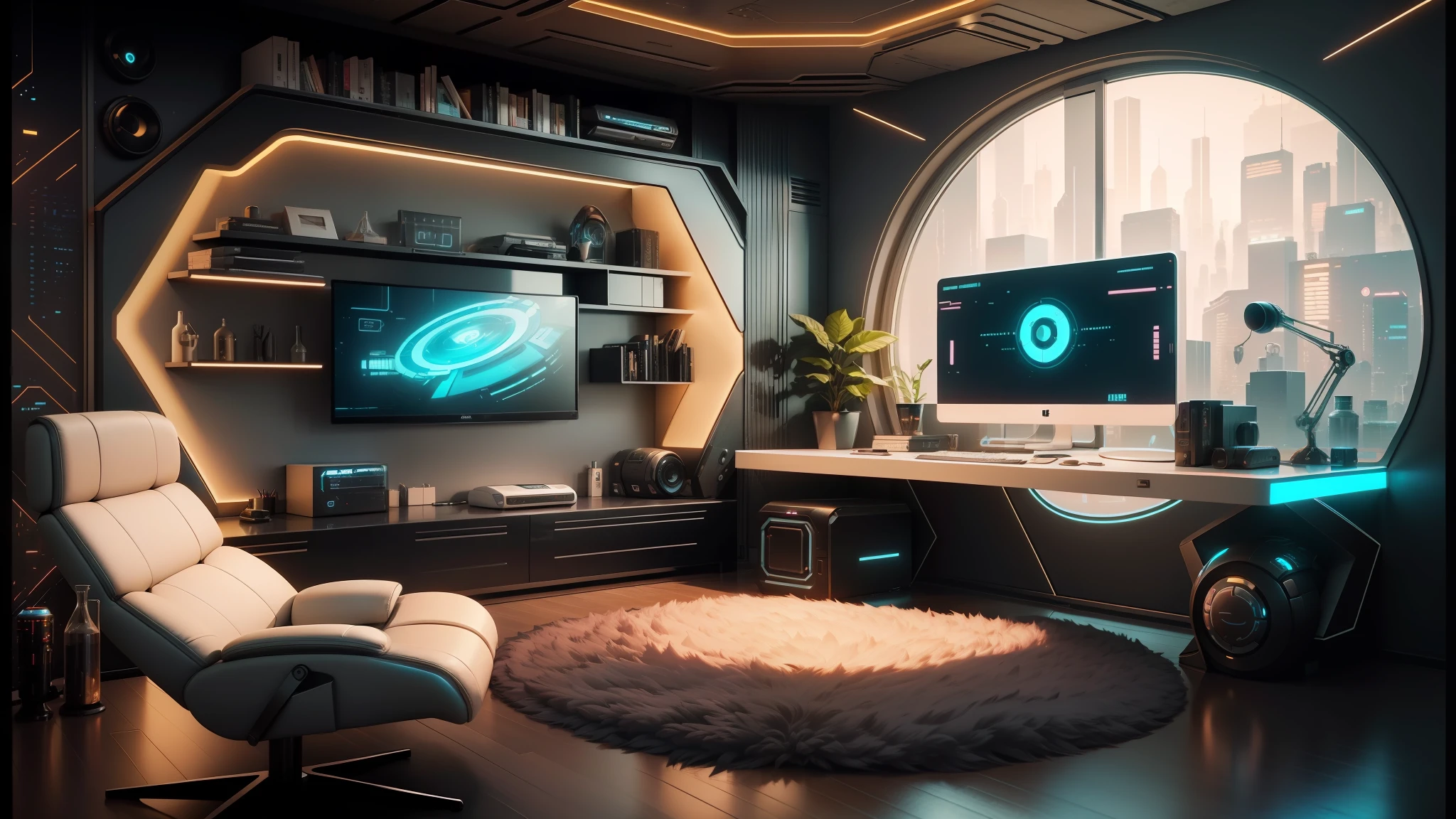 arafed room with a desk, chair, and a computer monitor, futuristic room background, retro futuristic apartment, cyberpunk apartment, futuristic room, the cyberpunk apartment, cgsociety 9, futuristic decor, futuristic interior, cyberpunk ager bedroom, in a cyberpunk themed room, futuristic furniture, futuristic looking living room, futuristic decoration, desktopography --auto --s2