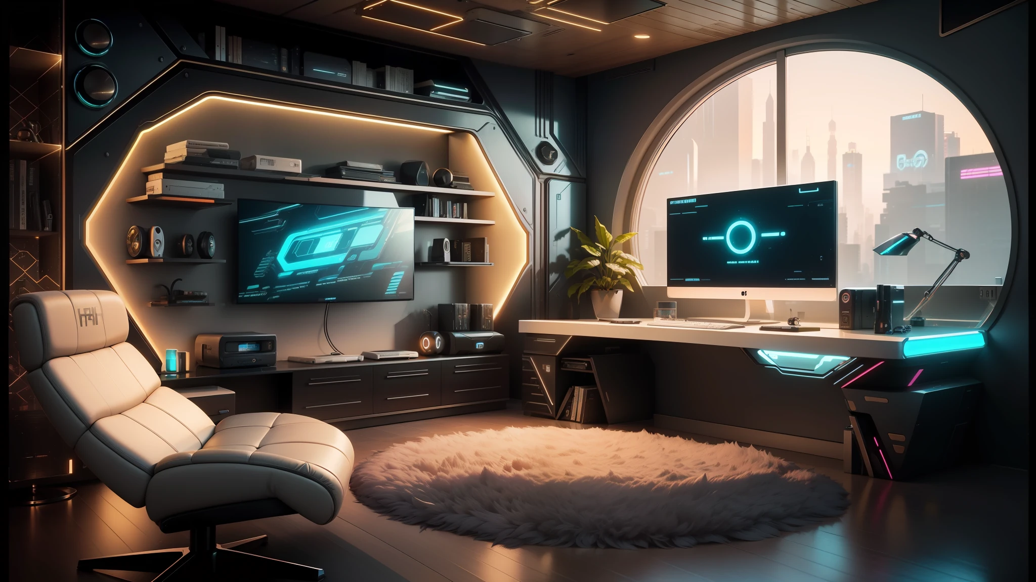 arafed room with a desk, chair, and a computer monitor, futuristic room background, retro futuristic apartment, cyberpunk apartment, futuristic room, the cyberpunk apartment, cgsociety 9, futuristic decor, futuristic interior, cyberpunk teenager bedroom, in a cyberpunk themed room, futuristic furniture, futuristic looking living room, futuristic decoration, desktopography --auto --s2