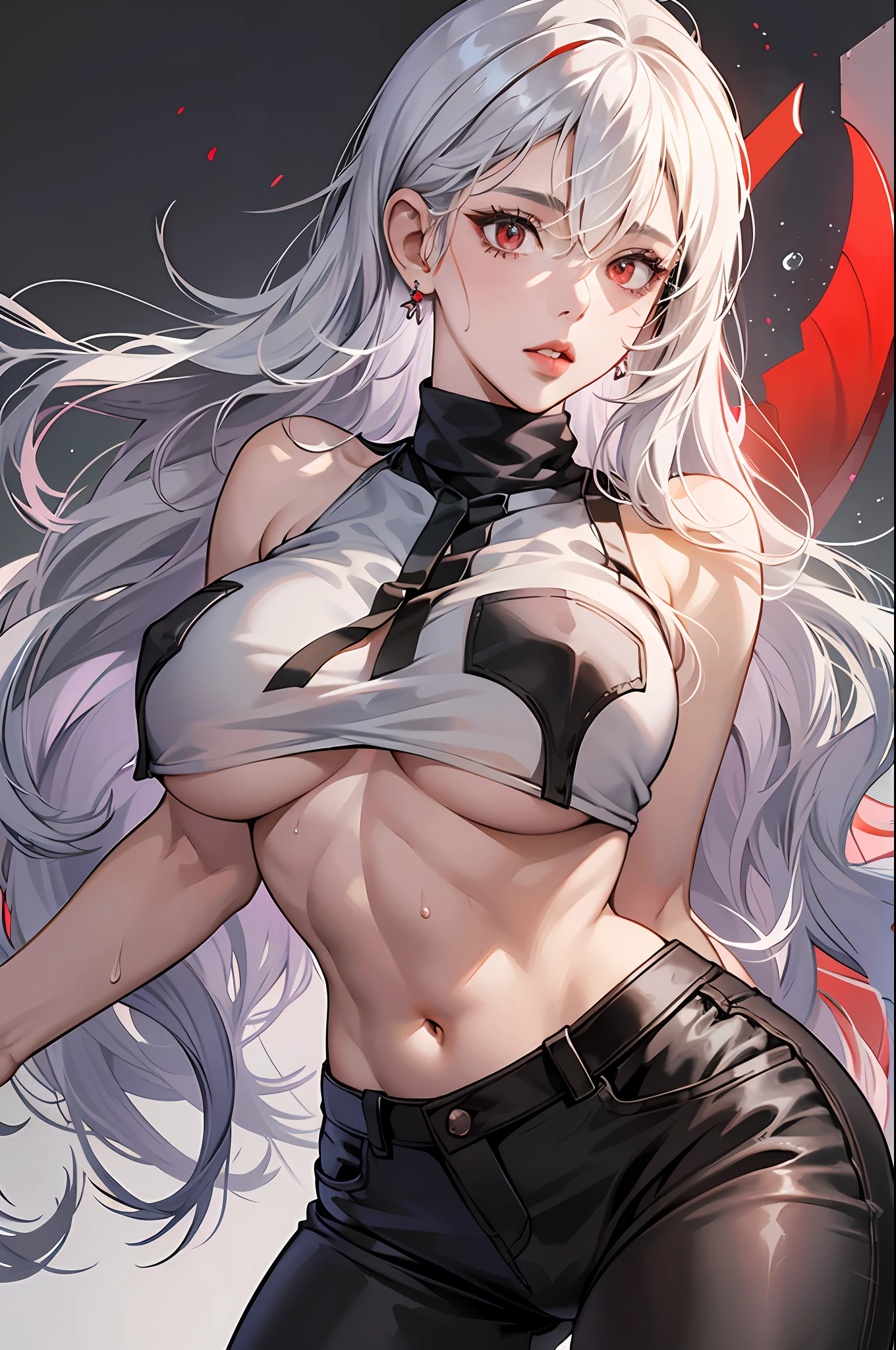 Girls, Bangs, Bare Shoulders, Black Pants, Breasts, Breasts squeezed together, Grey background, Hair between the eyes, Huge breasts, Long hair, View Viewer, Pants, Parted lips, Red eyes, Shirt, Simple background, Sleeveless, Sleeveless shirt, Solo, Turtleneck, V arm, White hair,(Shiny skin),(Masterpiece:1.4),(Best quality:1.4),,Facigirl,Red lips,Perfect abs, belly button, (nipple: 1.5), (sheer areola), nipple, huge, sweat, --auto --s2