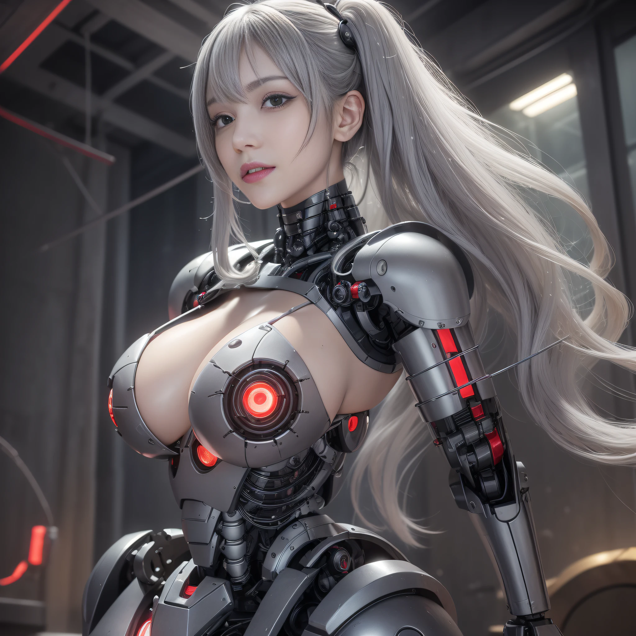 Beautiful Face,Face is Japan, 1 Woman, Big, Curvaceous, (8k, RAW Photo, Best Quality, Masterpiece: 1.2), (HDR, Realistic, Photorealistic: 1.37) (Blood vessel attached to tube), (Bikini Cyborg Robot Parts)))), (Light Grey Hair), Long Hair, Wavy Hair, Twin Tails, Medium Shot, ( Seductive smile)), (black eyes), princess cut,from below,(whole body),posing,,inside the lab,( blood vessel connected to a tube),((mechanical vertebrae attached to the back)),((mechanical neck attached to the neck)),(wire cable attached to the head and body),(character focus),science fiction,perfect female figure,perfect anatomy,ultraanatomy, Full body shot,