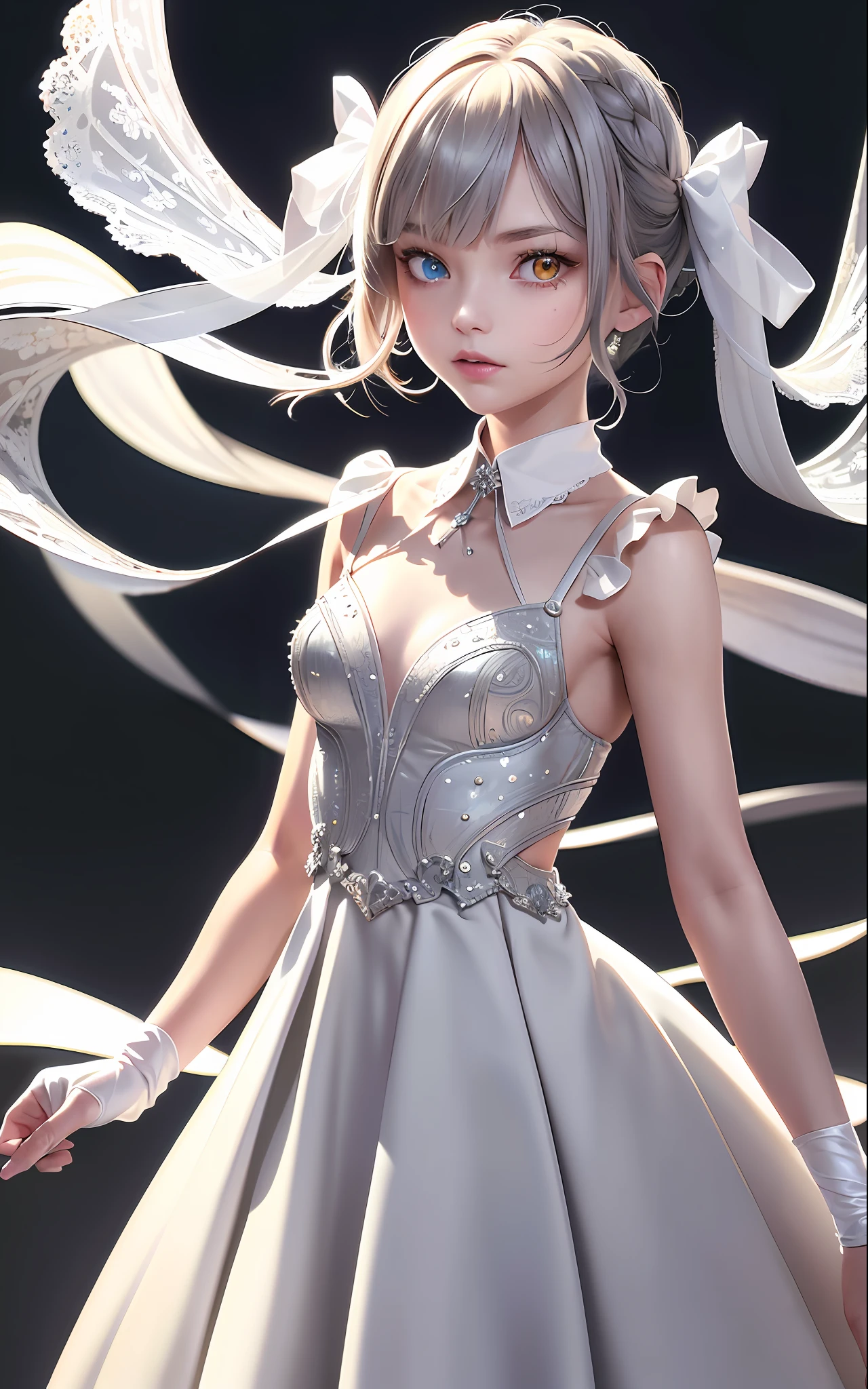 Superb Quality, Masterpiece, High Resolution, Best Quality, UHD, Super Detail, Award-Awarded, 16k, (Upper Body), A Beautiful Maiden, Gray Hair, Hair, ((Heterochromia)), Hanging Corners, Fair Skin, (Small Breasts), (Slim Body), ((Evening dress)), (Ribbon Collar), (Short gloves as short as half a palm)