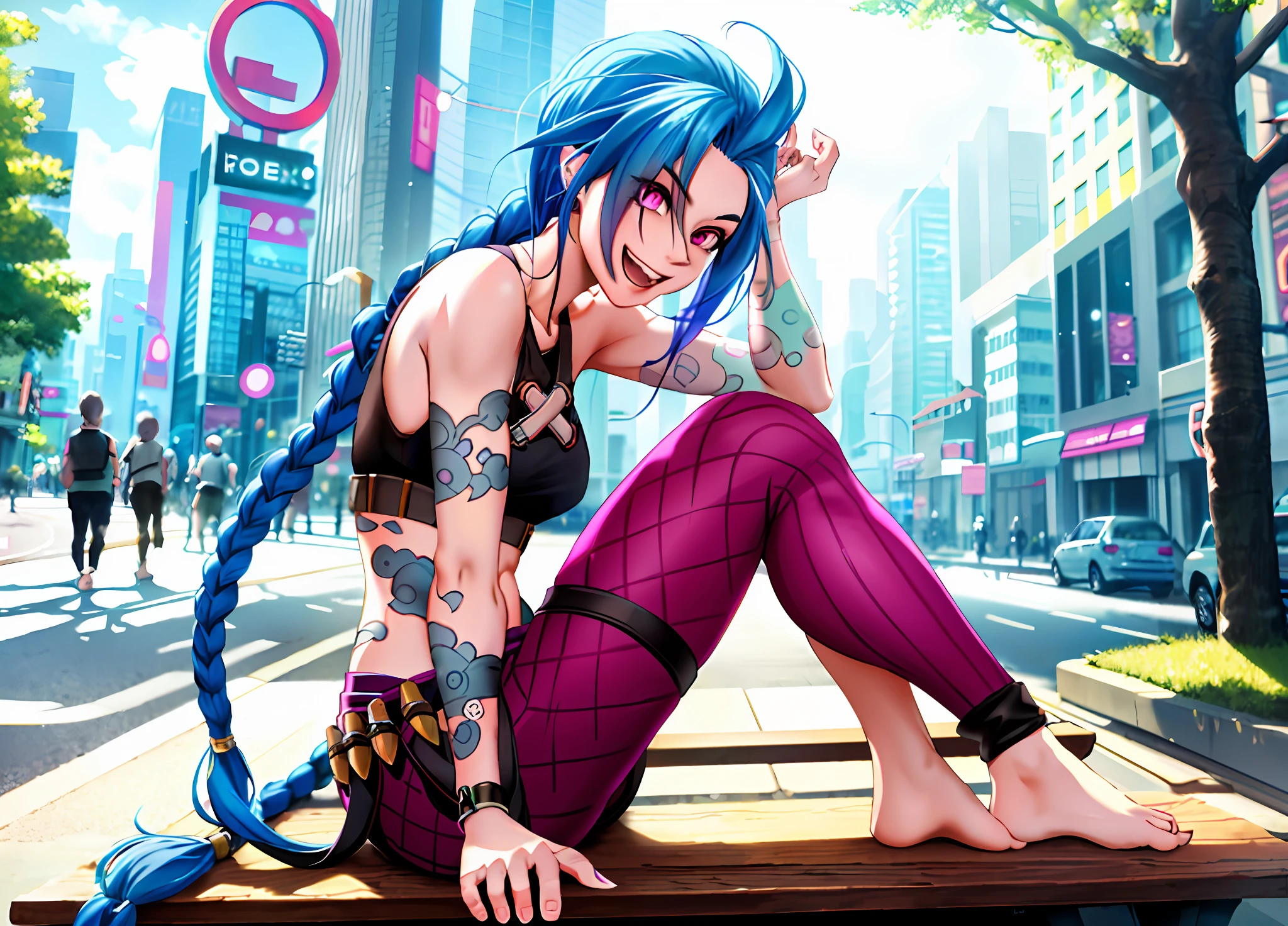 JinxLol, Jinx, busy street, leggings, sitting on a bench, laughing, ultra hd, very barefoot, bare feet