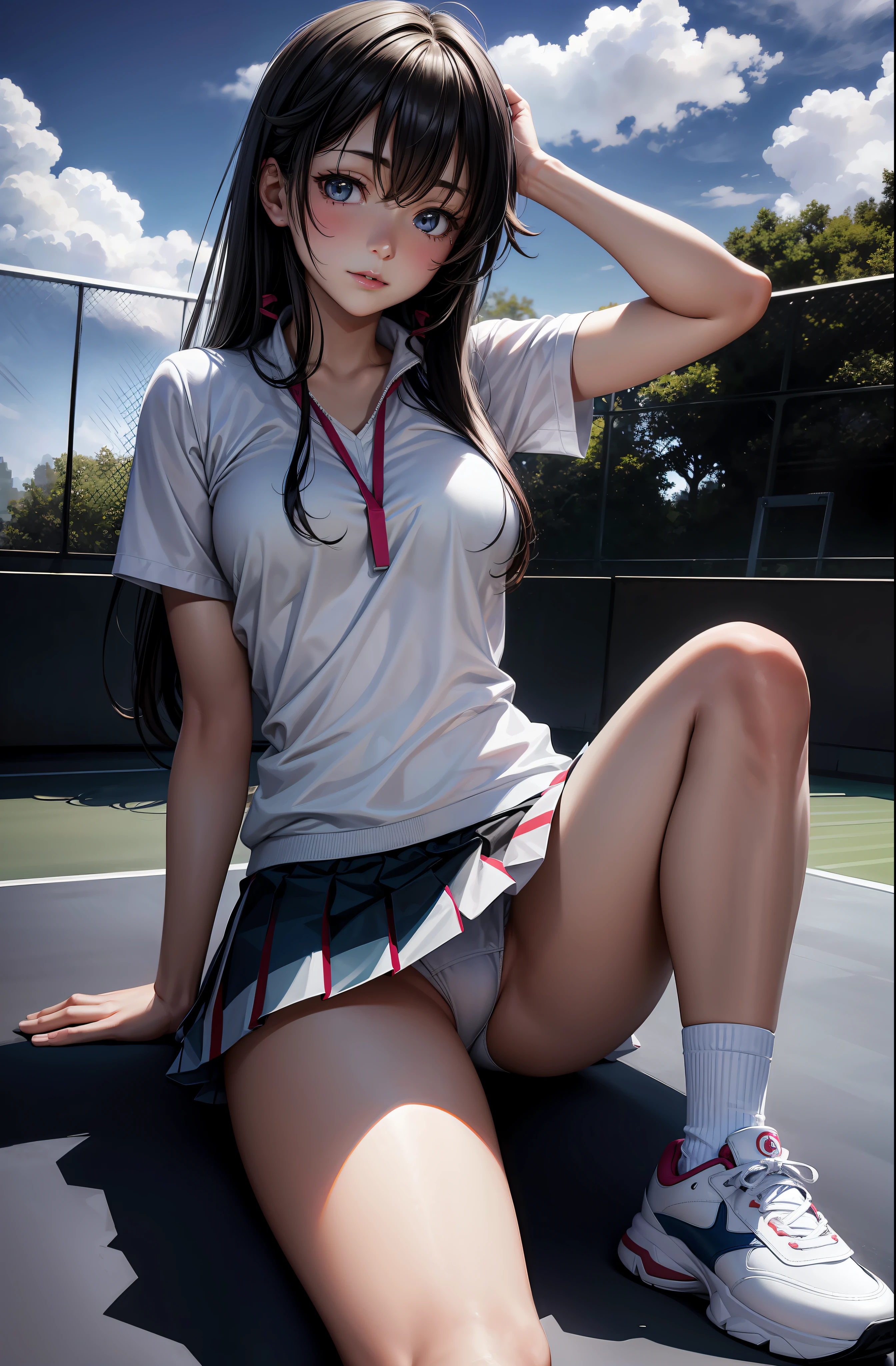 masterpiece, 1girl, solo, yukino yukinoshita, glowing eyes, white sneakers, tennis wear, white miniskirt, white panties, white knee socks, masterpiece, top quality, realistic, hyper-detailed, blue sky, tennis court