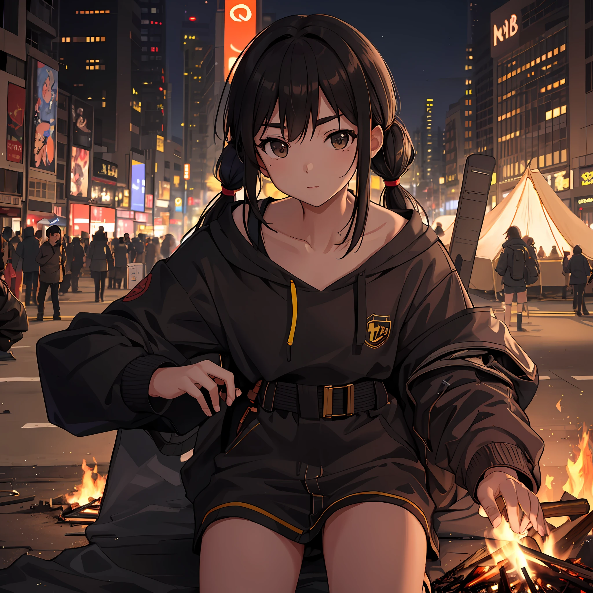 tent, bonfire, full body long shot focus, background focus, camping on the street, camping in the center of Shibuya scramble intersection, background is Shibuya scramble intersection, small, female brat, thick eyebrows, thin waist, pigtails, beautiful blonde, cap, (masterpiece), ((highest quality)), (super detailed), girl, clean and detailed face, five fingers, textile shading, Perfect human structure, perfect anatomy,