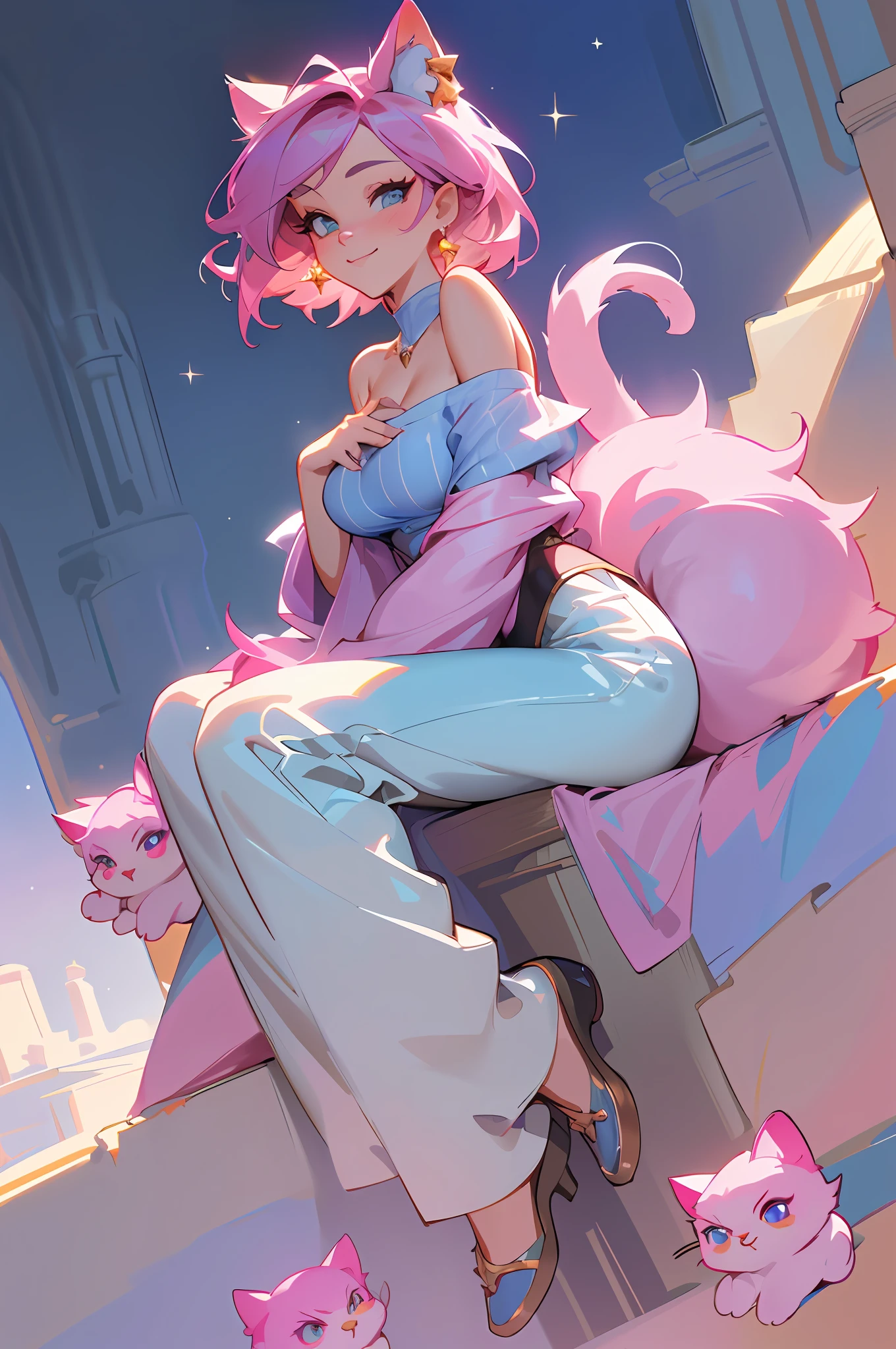 Jasmine, single woman, big tits , hug(( cat:pink , furry, cute. )) ((Skin Blue))(( yallow eyes)) ,solo, looking at the viewer, smile, shirt, bare shoulders, jewelry, sitting, full body, flower, earrings, pants, off shoulder, short top, make-up, sitting on the edge of the palace balcony, white tiles, night, stars , Off Shoulder Shirt (Realism: 1.2), (Realism), (Masterpiece: 1.2), (Best Quality), (Highly Detailed), (8k, 4k, Intricate), (Full Body Shot: 1), (85 mm), light particles, lighting, (highly detailed: 1.2), (face detailed: 1.2), (gradients), sfw, color, (eyes detailed: 1.2) (background detailed), landscape detailed, (dynamic angle: 1.2 ), (dynamic mode: 1.2), (third configuration rule: 1.3), (work path: 1.2) --style of Glen Keane