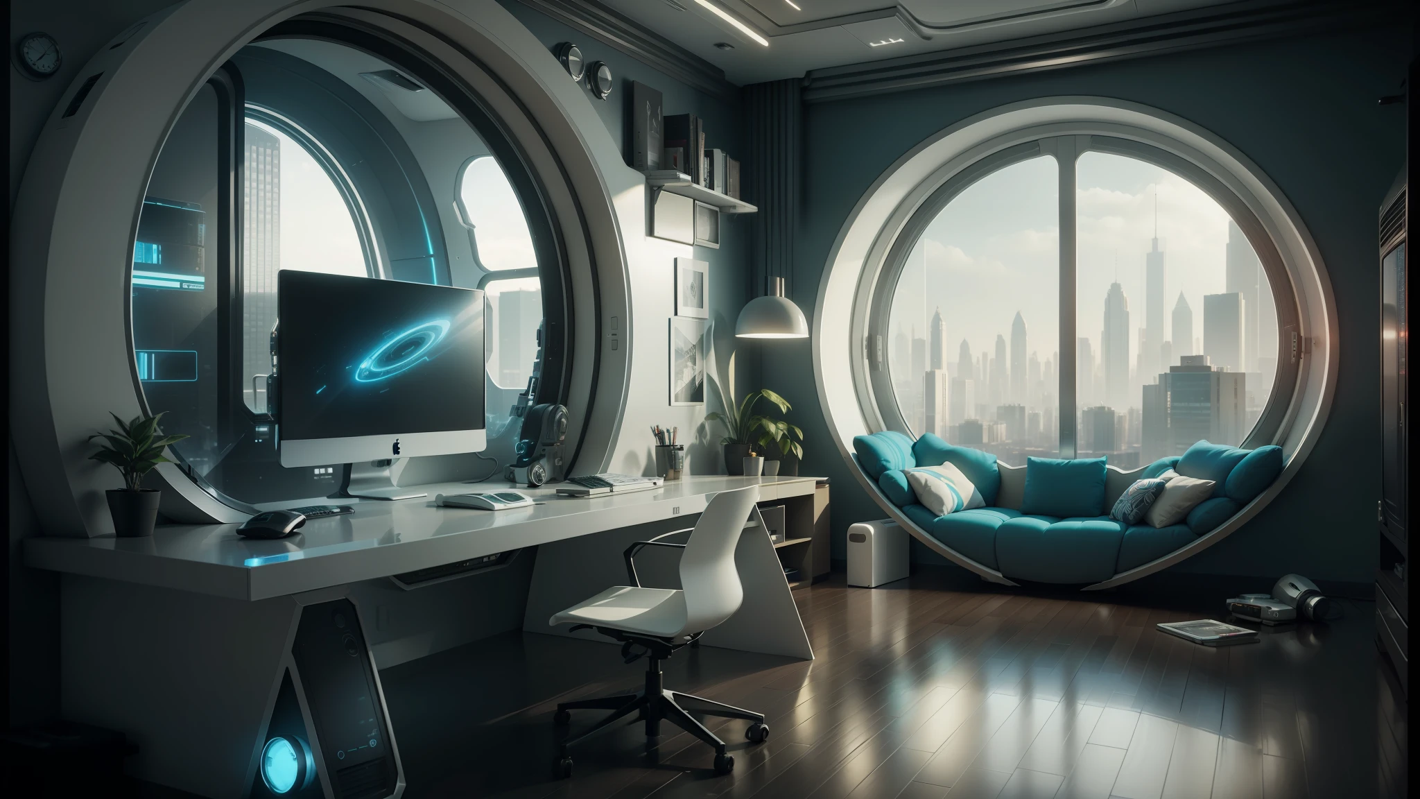 there is a computer desk with a monitor and a chair in front of a window, futuristic room background, retro futuristic apartment, futuristic room, futuristic interior, desktopography, futuristic. game cg, futuristic decor, photograph of 3d ios room, cgsociety 9, gorgeous 3d render, stunning 3d render, stunning 3 d render, the cyberpunk apartment --auto --s2