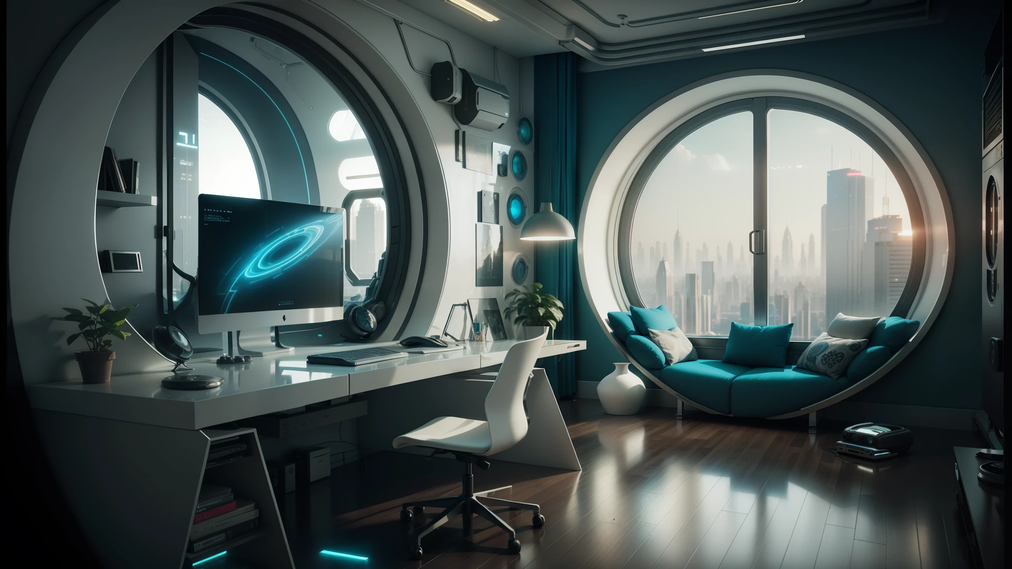there is a computer desk with a monitor and a chair in front of a window, futuristic room background, retro futuristic apartment, futuristic room, futuristic interior, desktopography, futuristic. game cg, futuristic decor, photograph of 3d ios room, cgsociety 9, gorgeous 3d render, stunning 3d render, stunning 3 d render, the cyberpunk apartment --auto --s2