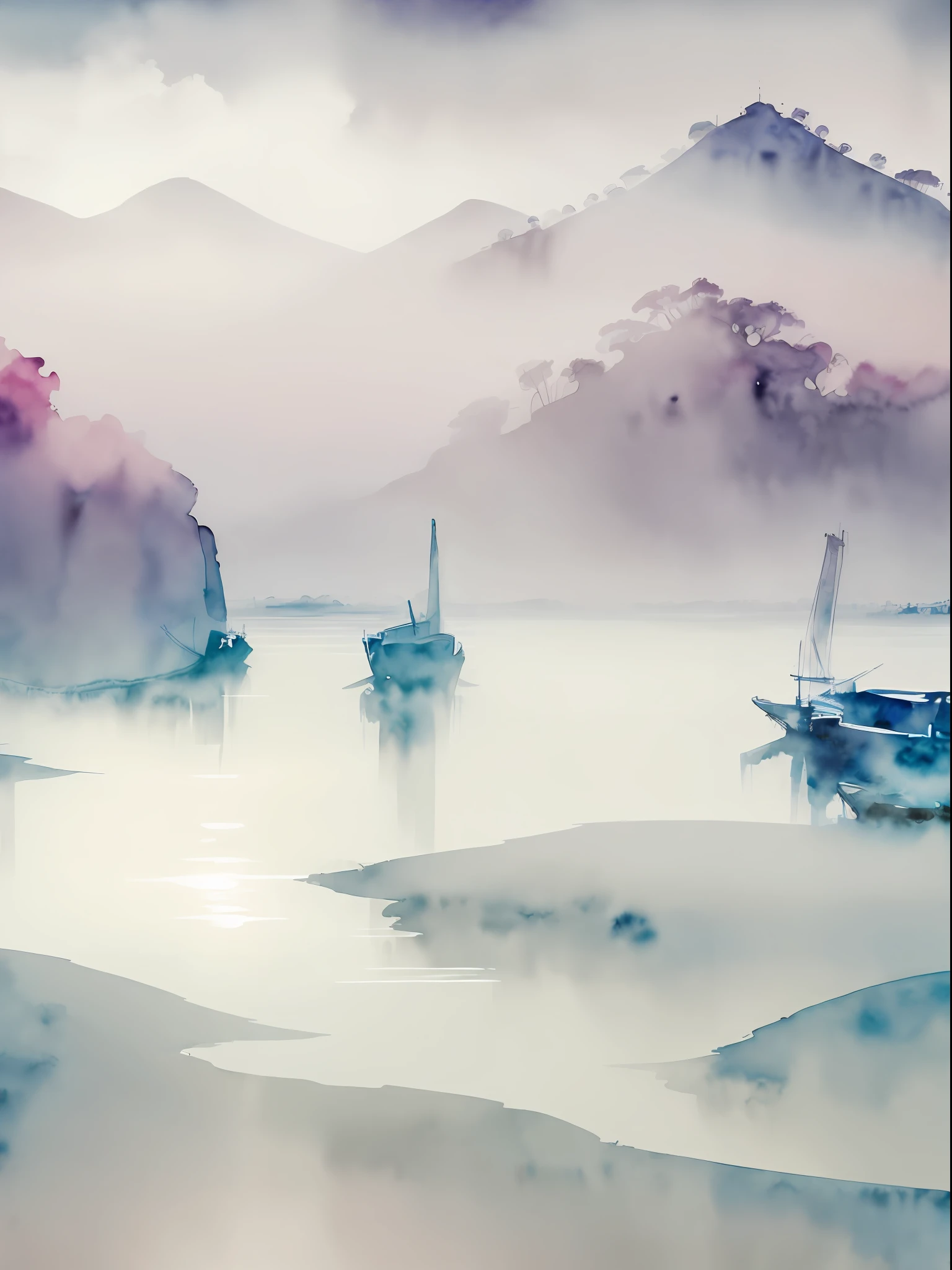 "(watercolor style, spectral art), vista (thick fog on the river and churning clouds), rich gorgeous colors in the distance, smudges splashing, clear light and shadow swaying dynamics, from above, wide-angle lens ". --auto --s2