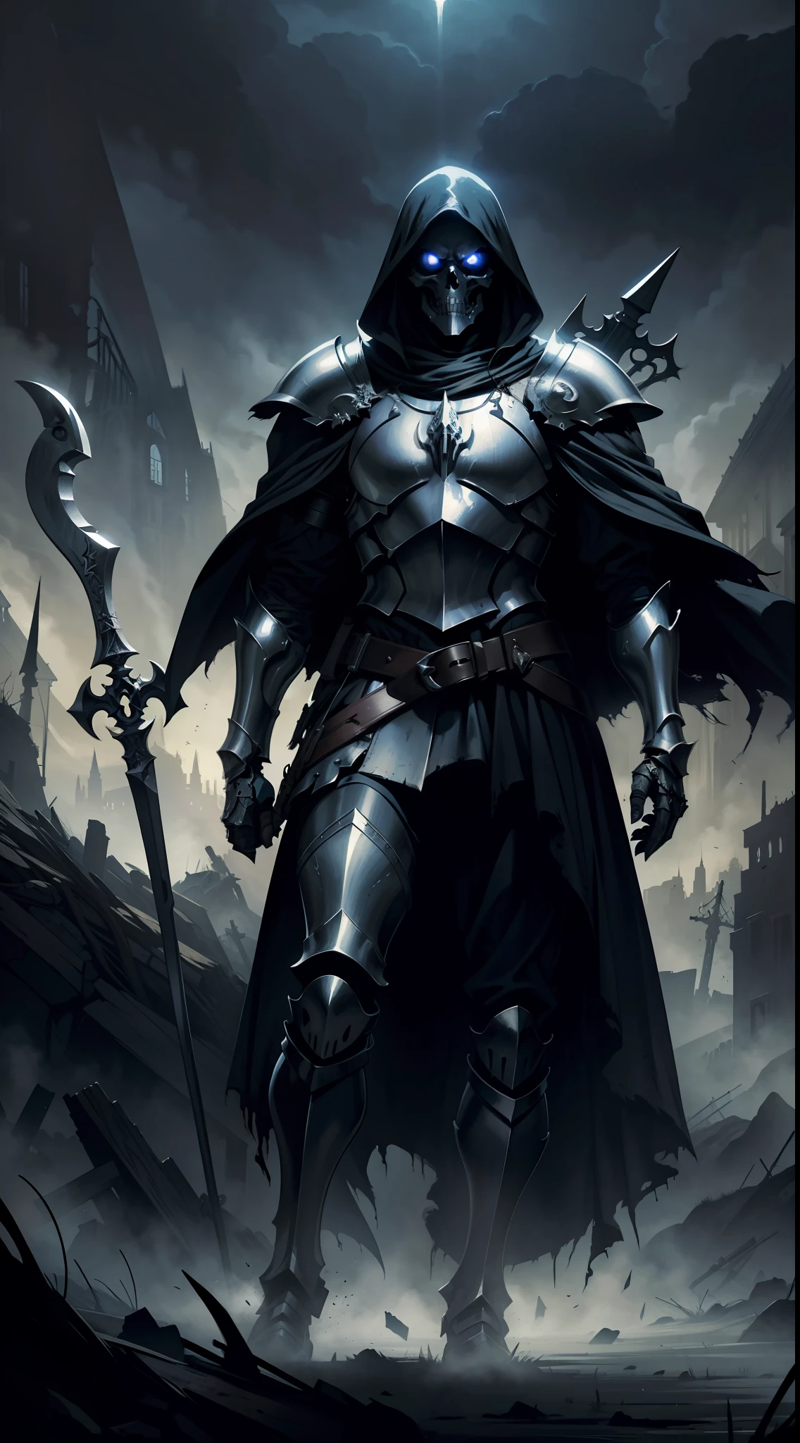 ((best quality)),((masterpiece)),(detailed),portrait,Death Knight,glowing eyes,Skeleton War Horse,(full body:1.2),Armor,Tomahawk,a tattered cape,medieval theme,thick fog,ethereal,mystical,gloomy lighting,dark background,(dark fantasy illustration:1.2),(high-resolution:1.2),