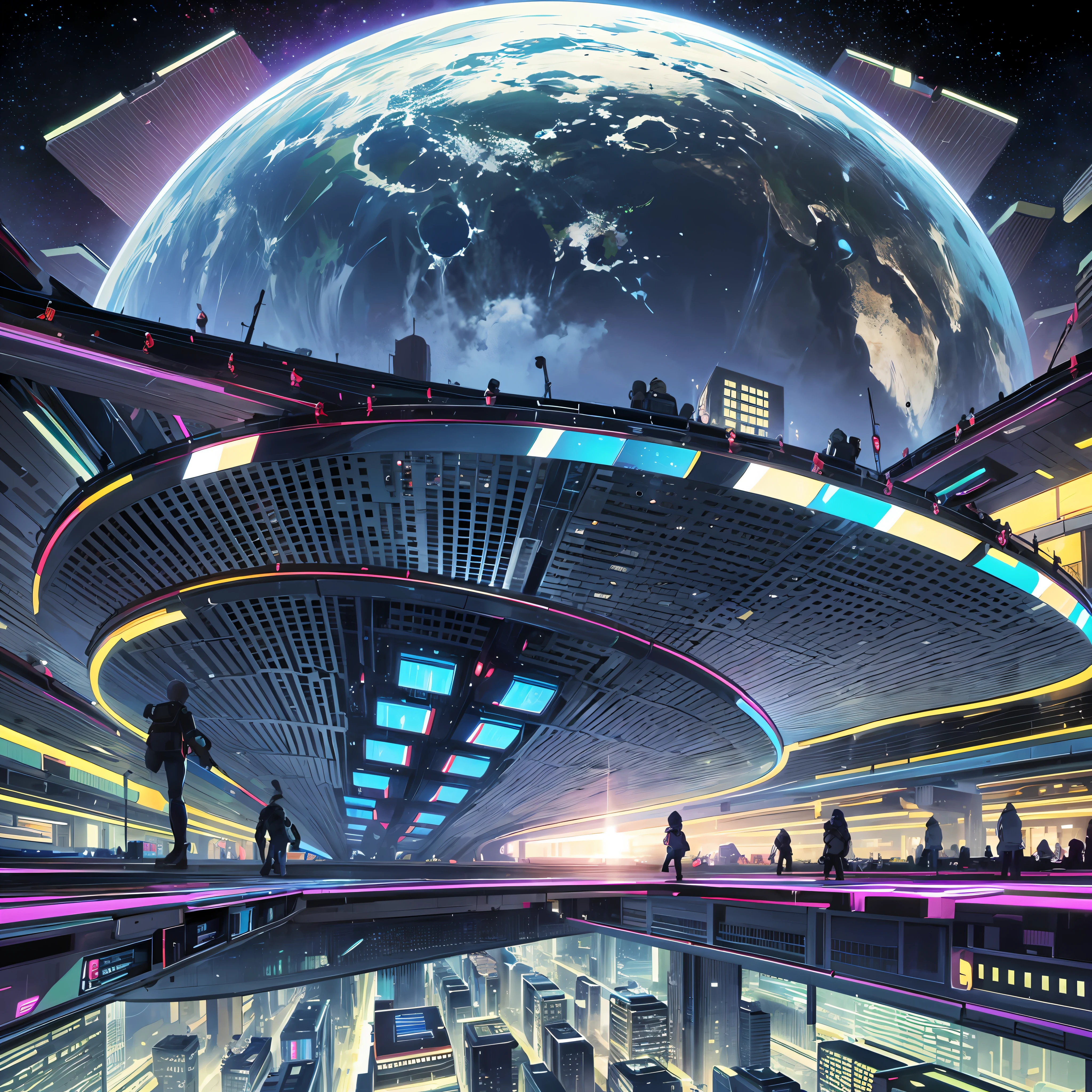 The future of the city is built on the moon, you can see the earth, there are manned spacecraft flying in the universe, a piece of technology on the moon future city looks like, people on the moon wear spacesuits, cars become spaceship hoverships, mechanical cities, everywhere technology and robots, interstellar crossing can be seen everywhere, future cloud support, picture cyberpunk style, 8K --auto --s2