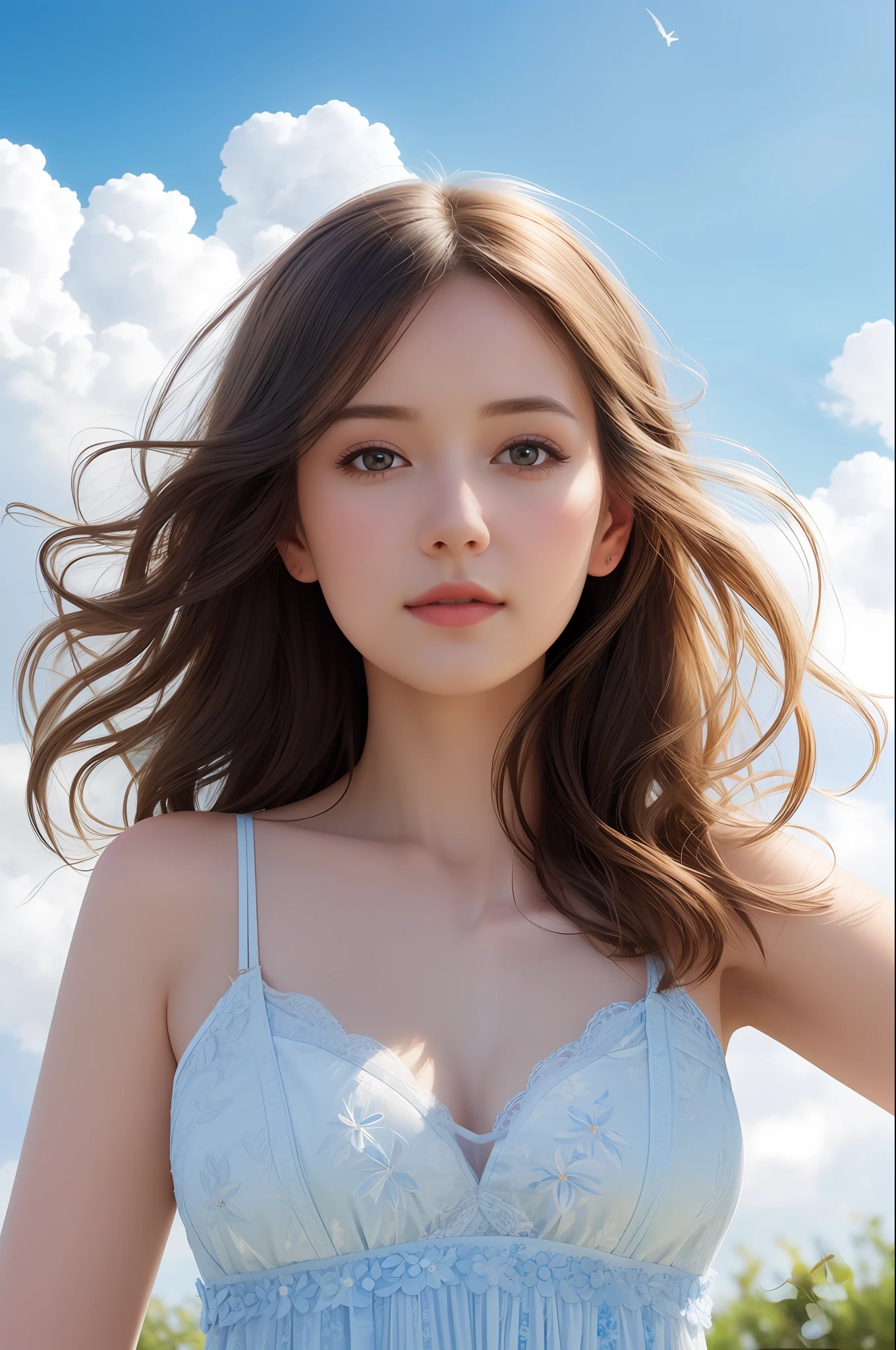 The model lies on a fluffy white cloud, her hair and dress splayed around her, gazing at more clouds floating by. A bright blue sky provides the backdrop. She has a dreamy, whimsical expression on her face as she watches the clouds drift past. The overall composition has a fantasy, fairy tale quality with its bright colors and clouds.
(RAW photo, best quality),(realistic, photo-realistic:1.3), clean, masterpiece,finely detail,masterpiece,ultra-detailed,highres,(best illustration),(best shadow),intricate, bright light