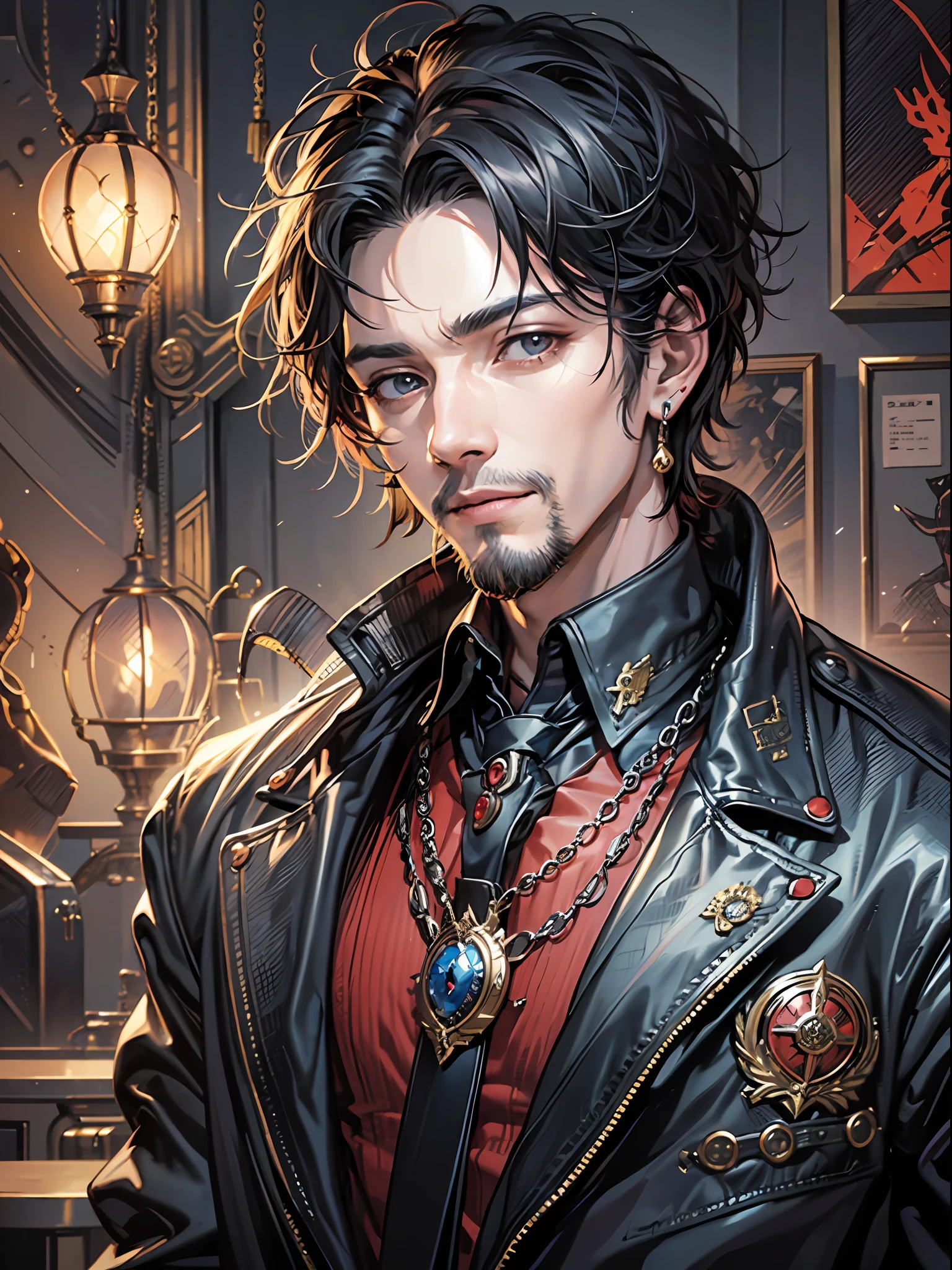 真实感，((1 man)),European and American handsome boy,((Handsome)),red shirt,jewelry,necklace,black hair,shirt,male focus,jacket,blurry background,earrings,looking at viewer,black jacket,short hair,upper body,smile,collared shirt,solo,solo focus,closed mouth,formal,vampire,vampire costume,highly detailed,masterpiece,ultra-detailed,huge_filesize,wallpaper,extremely detailed,best illustration,extremely detailed CG unity 8k wallpaper,finely detail,best shadow,dramatic_angle,facial hair,indoors, --auto --s2