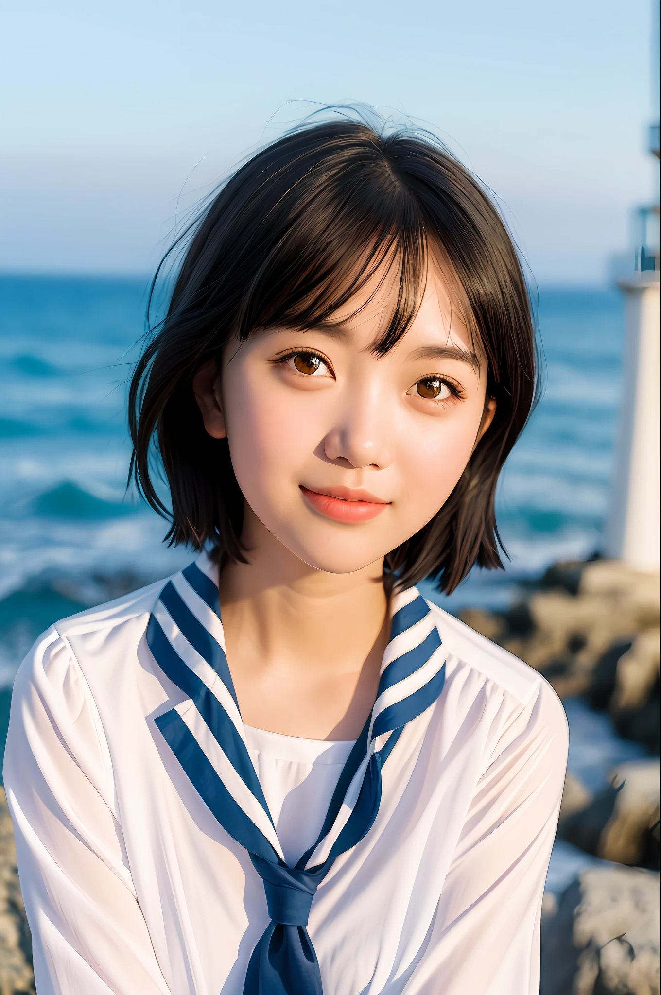Coastal beauty, 1 girl in charming nautical costume, (short hair), school uniform, (bright eyes, sun-kissed skin, carefree expression), beach background, lighthouse, soft sea breeze, playful pose, dynamic composition, golden hour lighting, blurred background, rich colors, fine details, surreal, 50mm lens, relaxing atmosphere. Portrait photography, 35mm film, natural blur