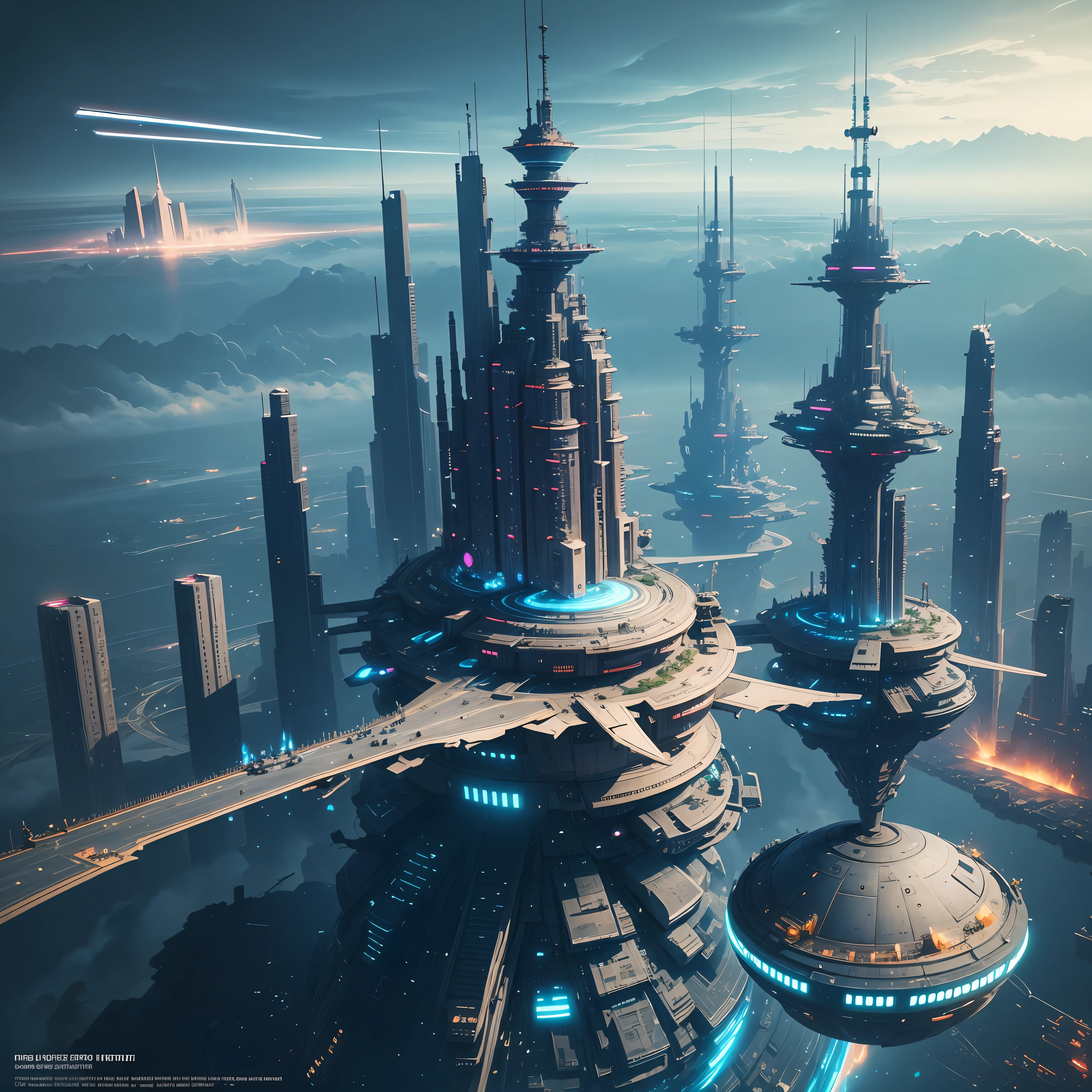 Fantasy technology Future technology fantasy city, spaceship flying in the sky, everywhere robots, mechanical city, interstellar battleship, interstellar, future cloud support, the picture is cyberpunk, futuristic, aerial photography 8K --auto --s2