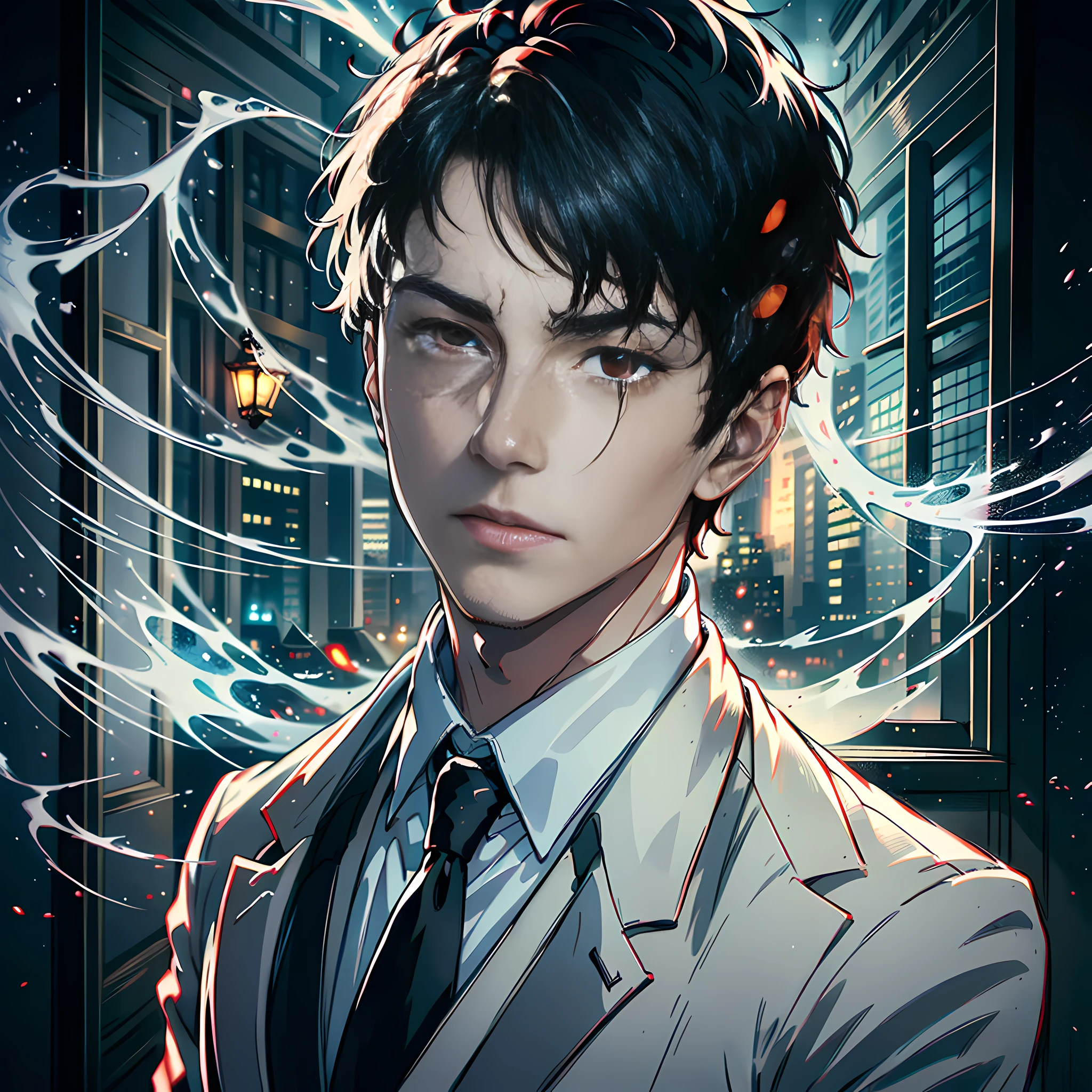 Night, pitch black, by the window, a handsome boy, white suit, panic, energy flow around, red moonlight, black eyes, facial ultra-detail, short black hair, facial ultra-detail, highly realistic, 4K, chiaroscuro, super high detail