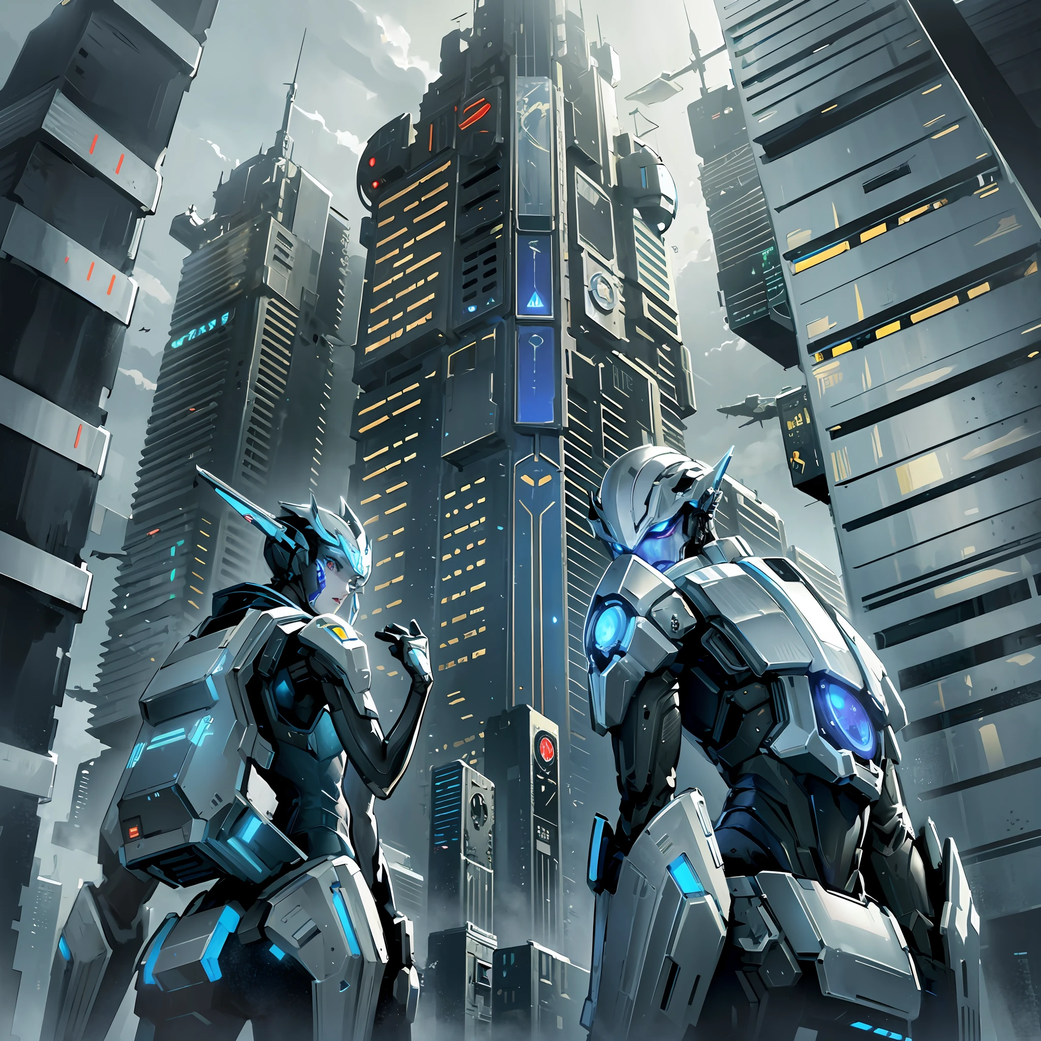 Fantasy technology future technology fantasy city, spaceship flying in the sky, robots everywhere, mechanical city, interstellar battleship, interstellar, a mechanical warframe man on the left side of the screen, the picture is cyberpunk --auto --s2