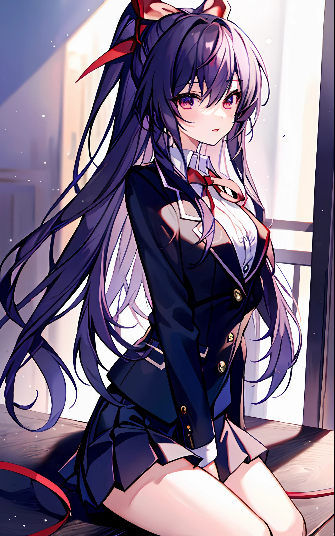18 year old beautiful girl, masterpiece, best quality, 8K animation, detailed fingers, precise fingers, not unnatural hands, illustration, 1 girl, solo, red ribbon, black blazer, white shirt, red ribbon on chest, black mini skirt, TOHKA